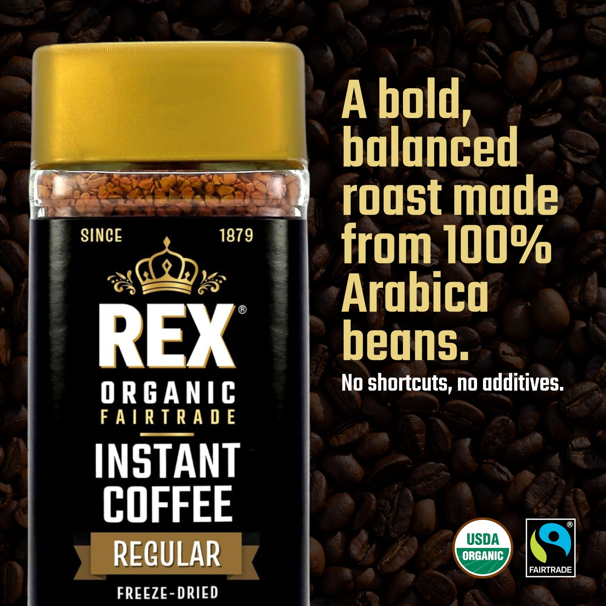 Rex Coffee Organic Fairtrade Freeze-Dried Instant Coffee - Medium Roast Arabica, 3.53 oz Glass Jar - Lab Tested for Mold, Mycotoxins, Heavy Metals
