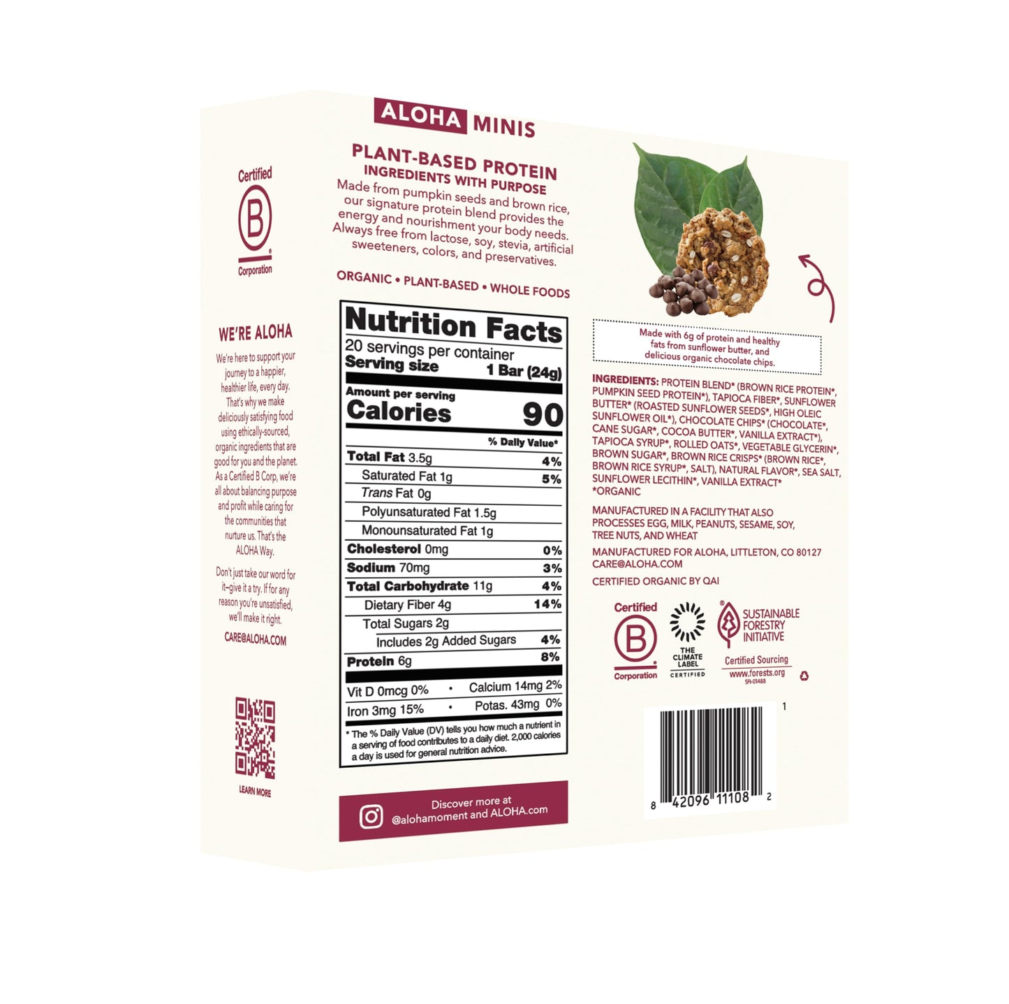 ALOHA Organic Plant Based Protein Bar MINIS | Oatmeal Chocolate Chip | GLP-1 Friendly, 20 Count, 24g Bars | Vegan, Low Sugar, Gluten Free, Low Carb