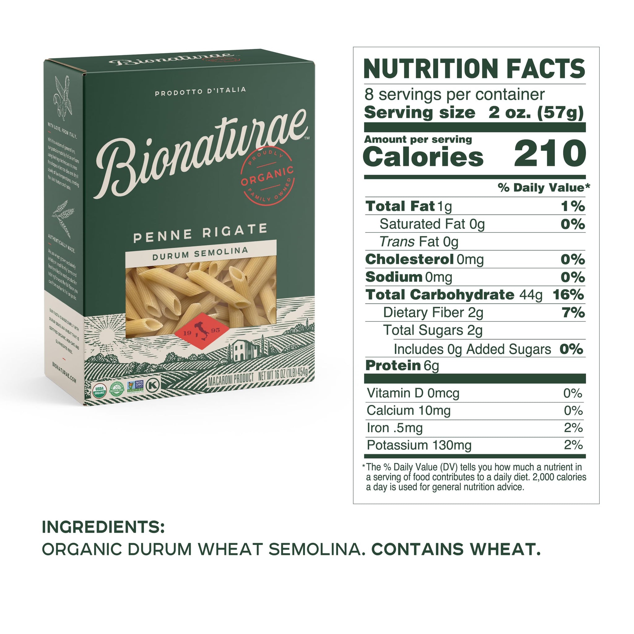 Bionaturae Penne Rigate Pasta Noodles - Durum Semolina Pasta, Kosher, High Protein, Non-GMO Verified, USDA Certified, Durum Semolina Fusilli, Fusilli