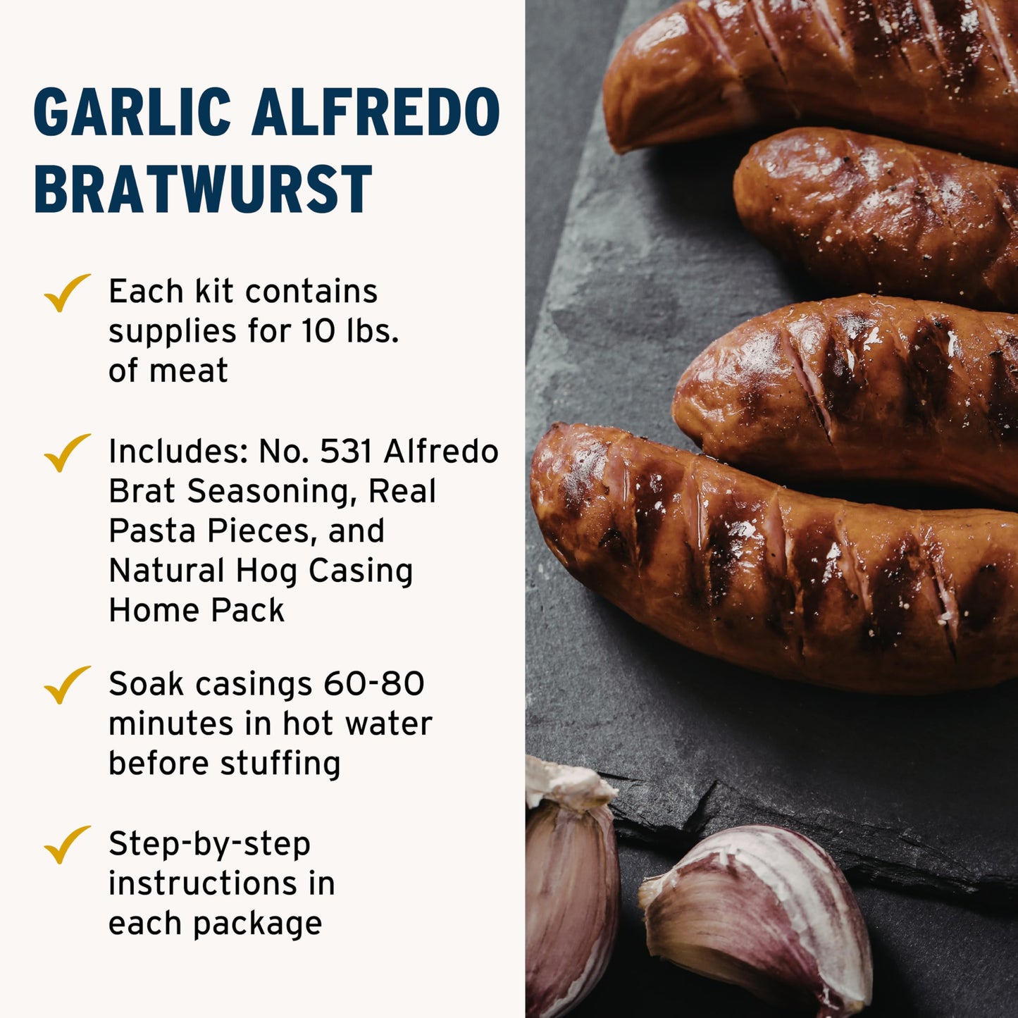 PS Seasoning Garlic Alfredo Bratwurst Kit - Sausage Seasoning And Natural Hog Casings For 10 Lbs Of Meat Easy Homemade Brats For Pork, Beef, Venison