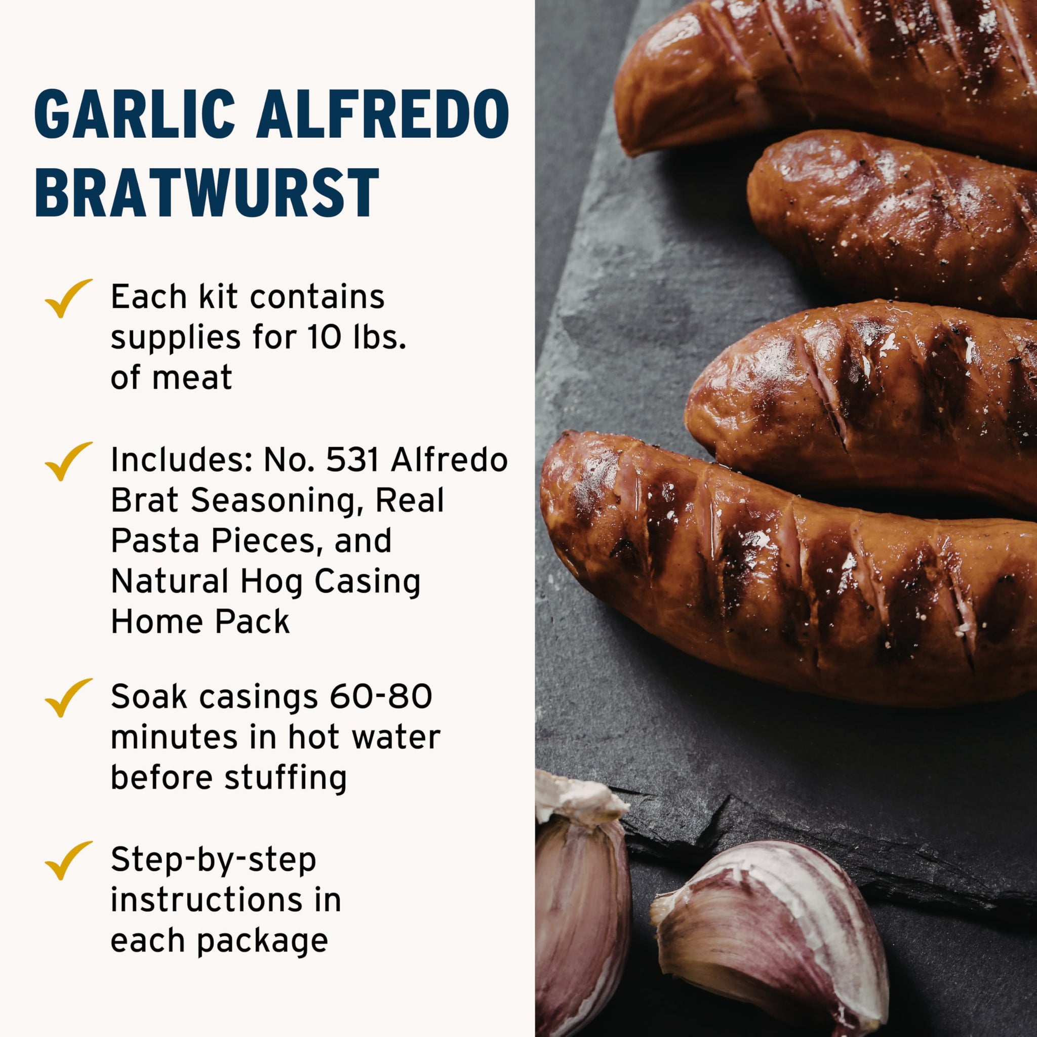 PS Seasoning Garlic Alfredo Bratwurst Kit - Sausage Seasoning And Natural Hog Casings For 10 Lbs Of Meat Easy Homemade Brats For Pork, Beef, Venison