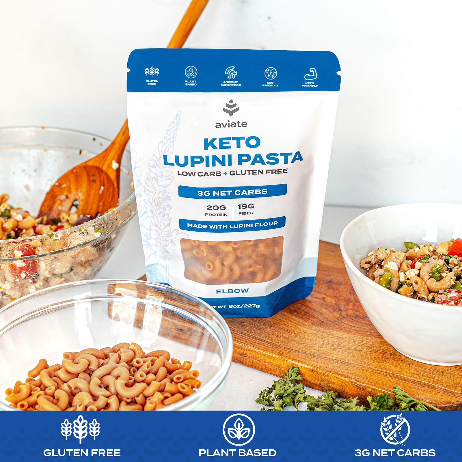 Aviate Keto Pasta Elbows - Low Carb (3g Net) Lupini Noodles, High Protein (20g), Gluten-Free, Made with Lupin Flour, Plant Based Vegan, Keto-Friendly