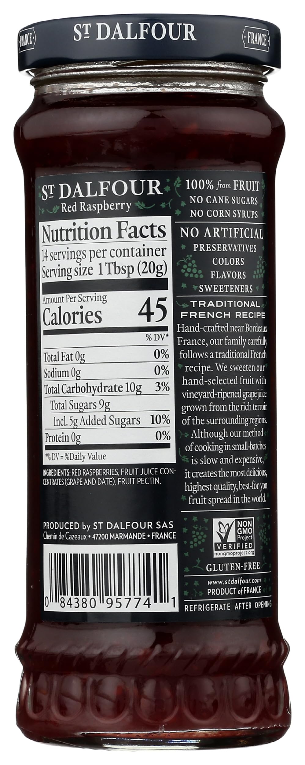 St. Dalfour Red Raspberry Fruit Spread - 10oz - 100% from Fruit, No Artificial Ingredients, Non-GMO, No Cane Sugars, All Natural, Made in France