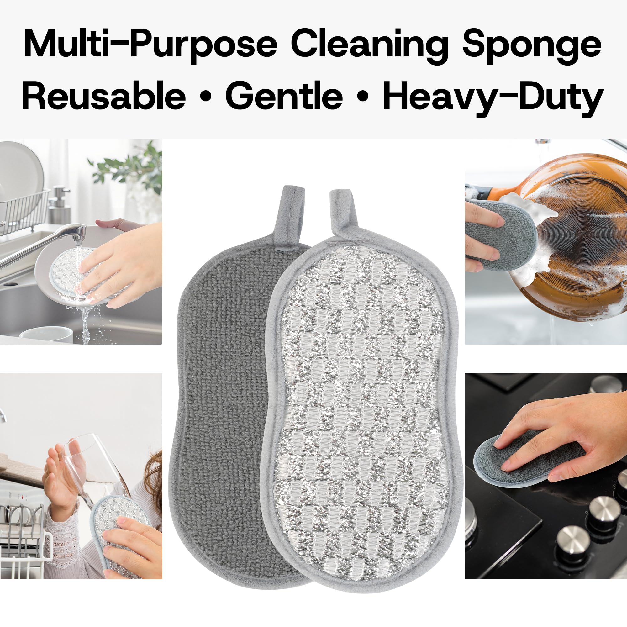 Multi-Purpose Scrub Kitchen Sponges - 12 Pack Dish Sponge, Dual-Sided Non-Scratch Microfiber & Metal Scrubber, Reusable Sponges for Dishes, Pots