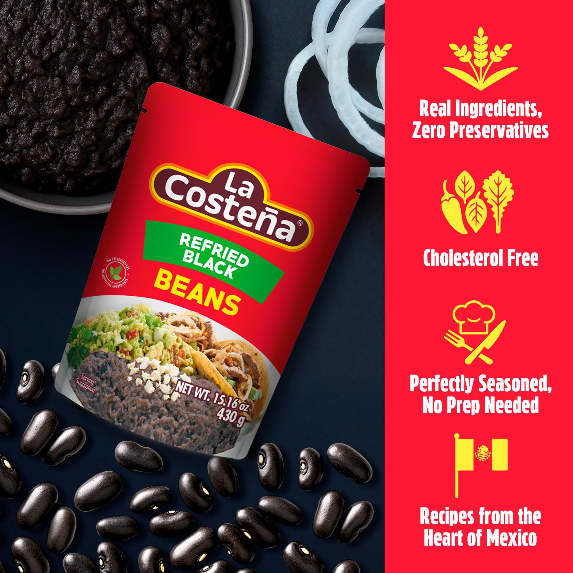 La Costeña Refried Black Beans - 60 Second Microwave Ready to Eat Meals for Mexican Food, Mexican Rice, Nacho Bean Dip, Bean Burrito, Burger, Carne