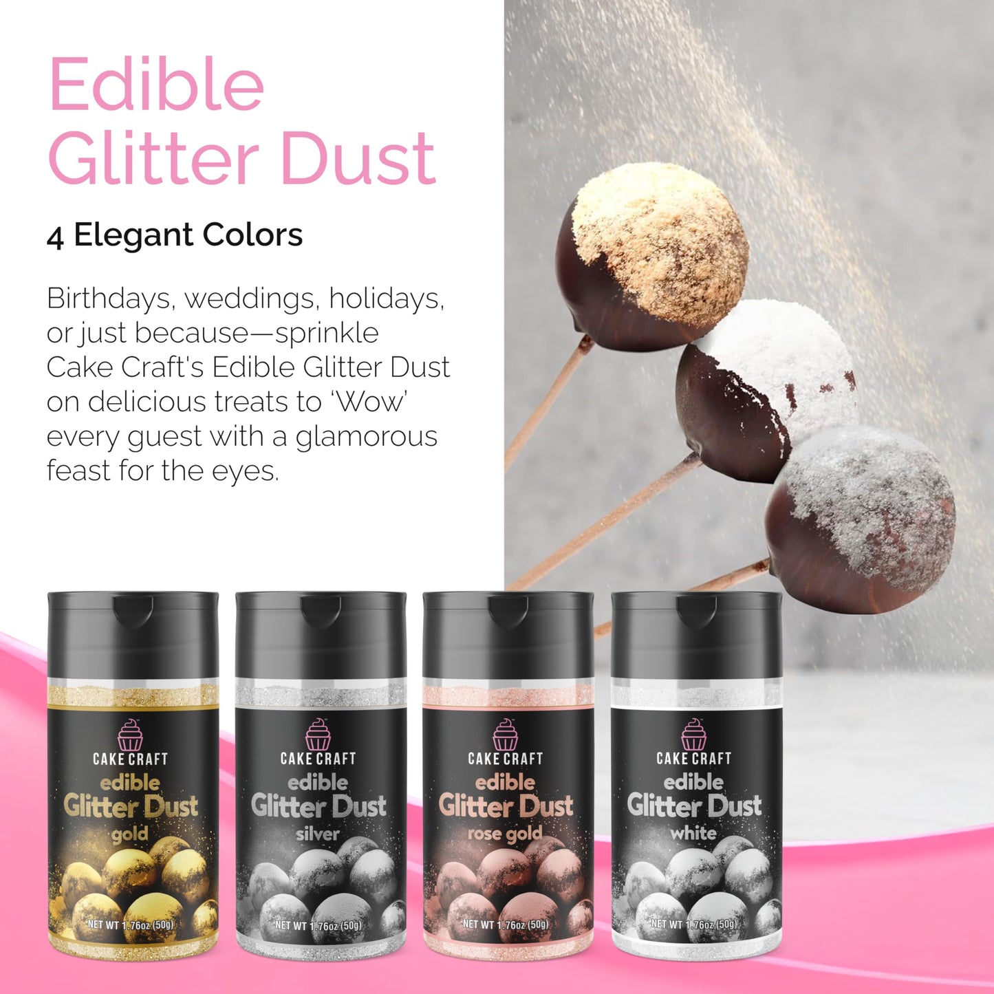 Cake Craft Edible Glitter Dust 4-Pack | 100% Edible Food-Safe Glitter for Cakes, Cupcakes, Cocktails & Desserts | Gold, Silver, Rose Gold, White
