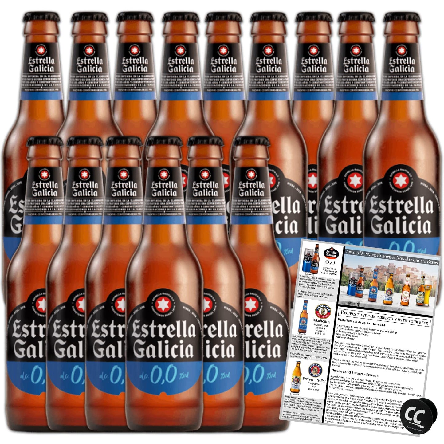 Estrella Galicia 0,0 Non-Alcoholic Beer 15 Pack, Made in Spain, 11.2oz/Btl, includes Phone/Tablet Holder & Beer/Pairing Recipes