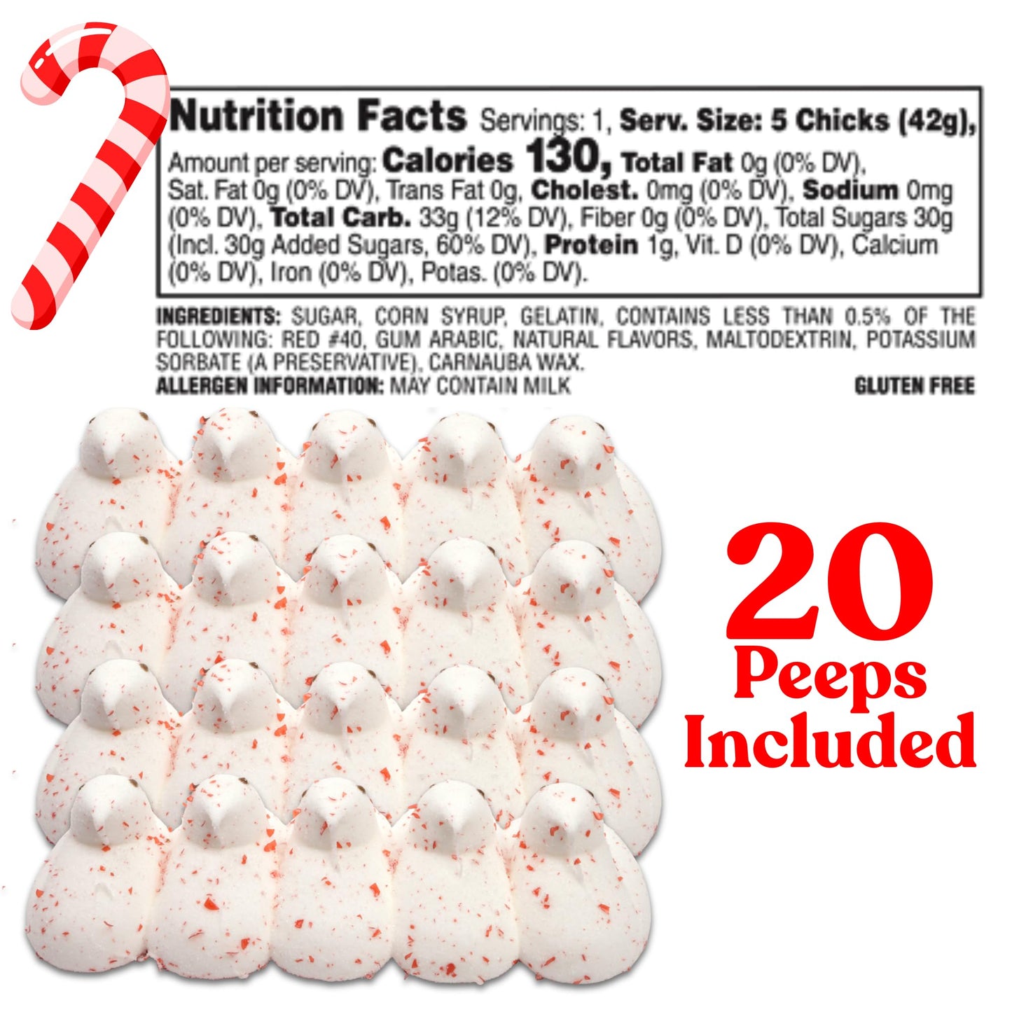 Candy Cane Peeps Marshmallow Chicks, Festive Holiday Peppermint Treats, Christmas Dessert Toppers or Stocking Stuffers, 5 Count Sleeves (Pack of 4)