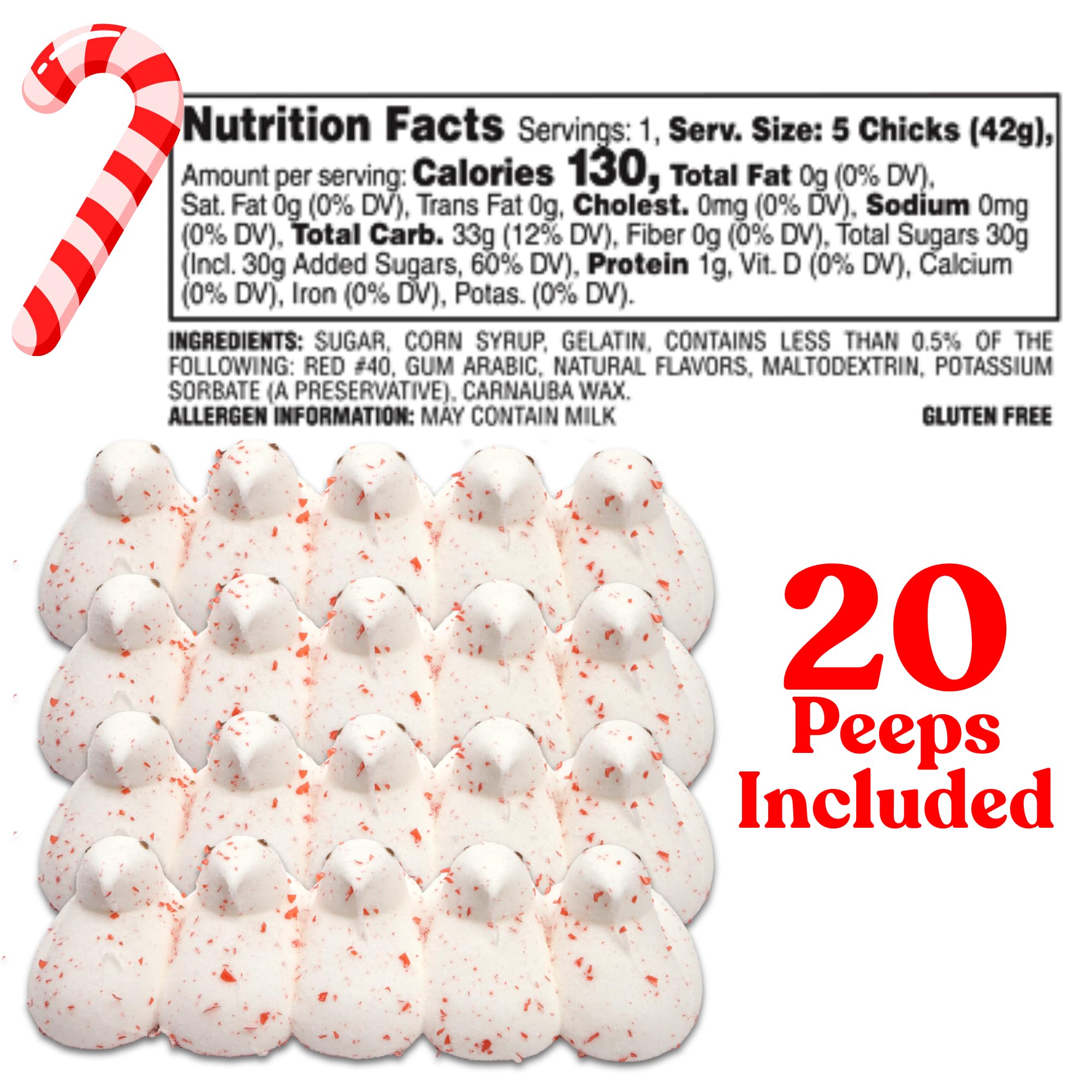 Candy Cane Peeps Marshmallow Chicks, Festive Holiday Peppermint Treats, Christmas Dessert Toppers or Stocking Stuffers, 5 Count Sleeves (Pack of 4)