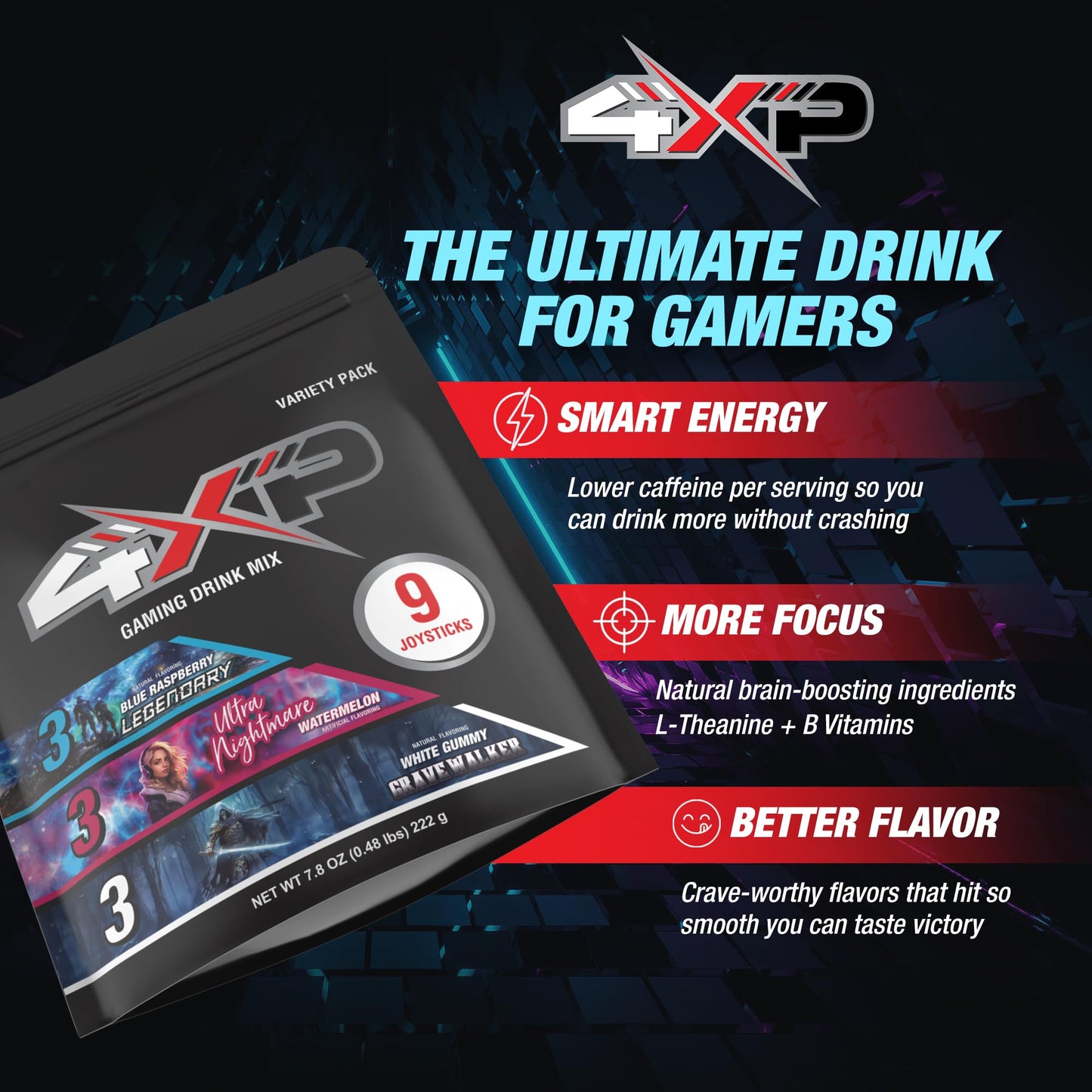 4XP Joystick Variety Pack | Nine Single?Serve Gaming Energy Drink Sticks with Blue Raspberry, Watermelon & White Gummy Flavors | Low Caffeine