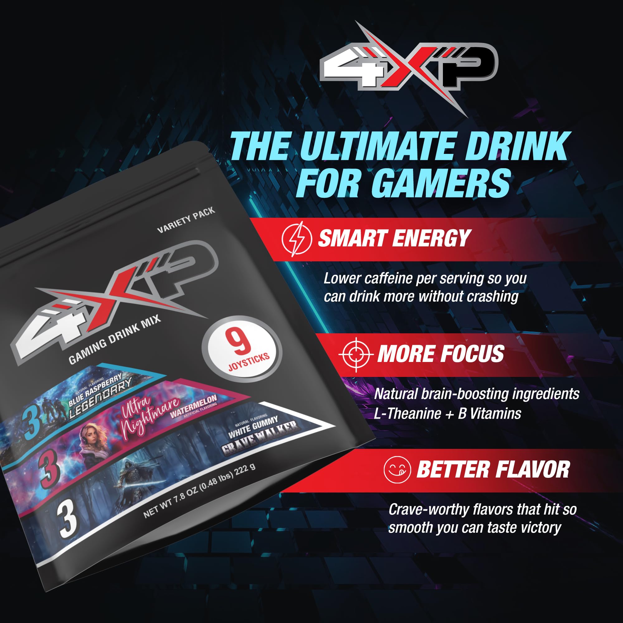 4XP Joystick Variety Pack | Nine Single?Serve Gaming Energy Drink Sticks with Blue Raspberry, Watermelon & White Gummy Flavors | Low Caffeine
