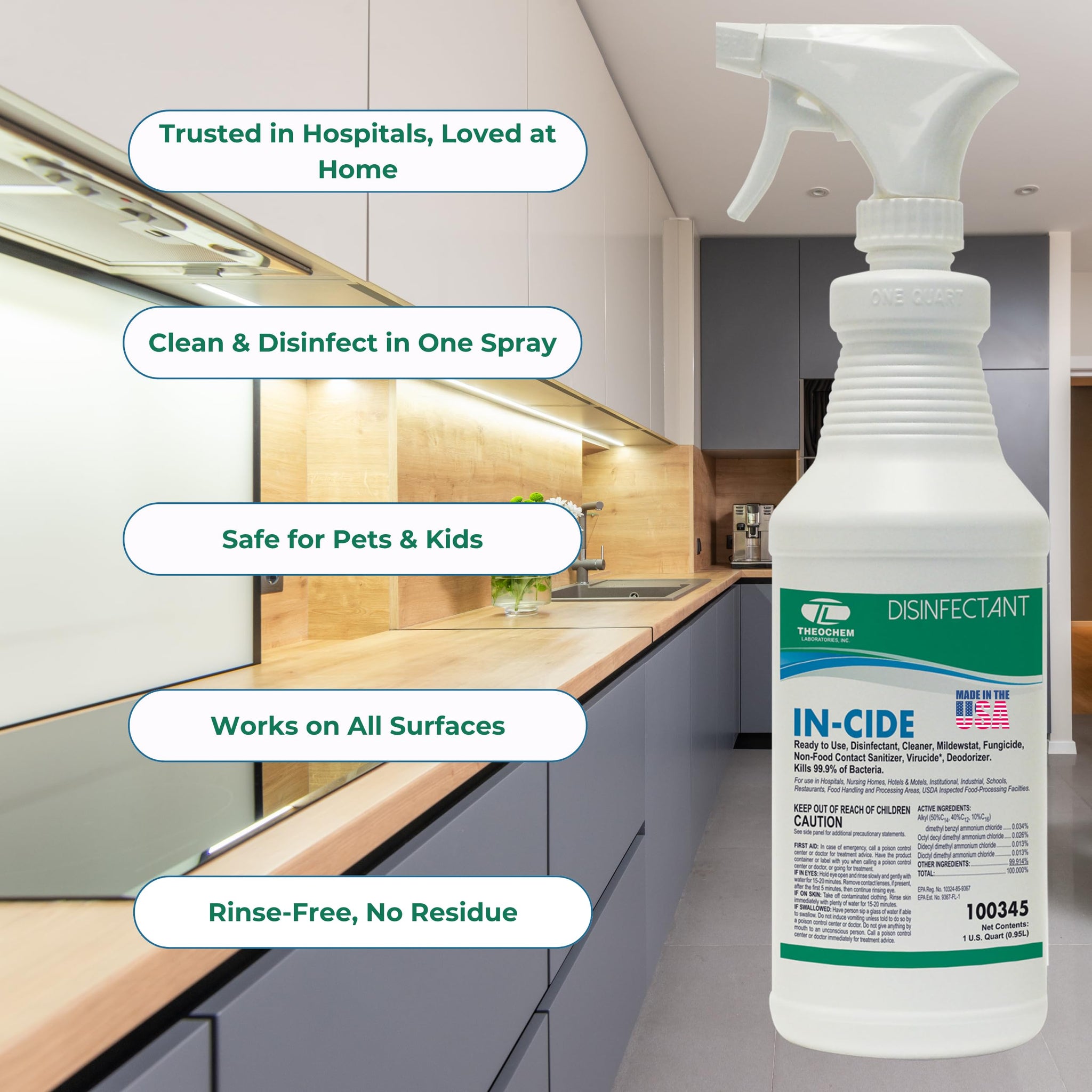 Theochem In-Cide Hospital Grade Disinfectant Spray - EPA Registered Cleaner Kills 99.9% MRSA, H1N1 - Home Office Clinic - Fresh Scent - 1 Gallon +