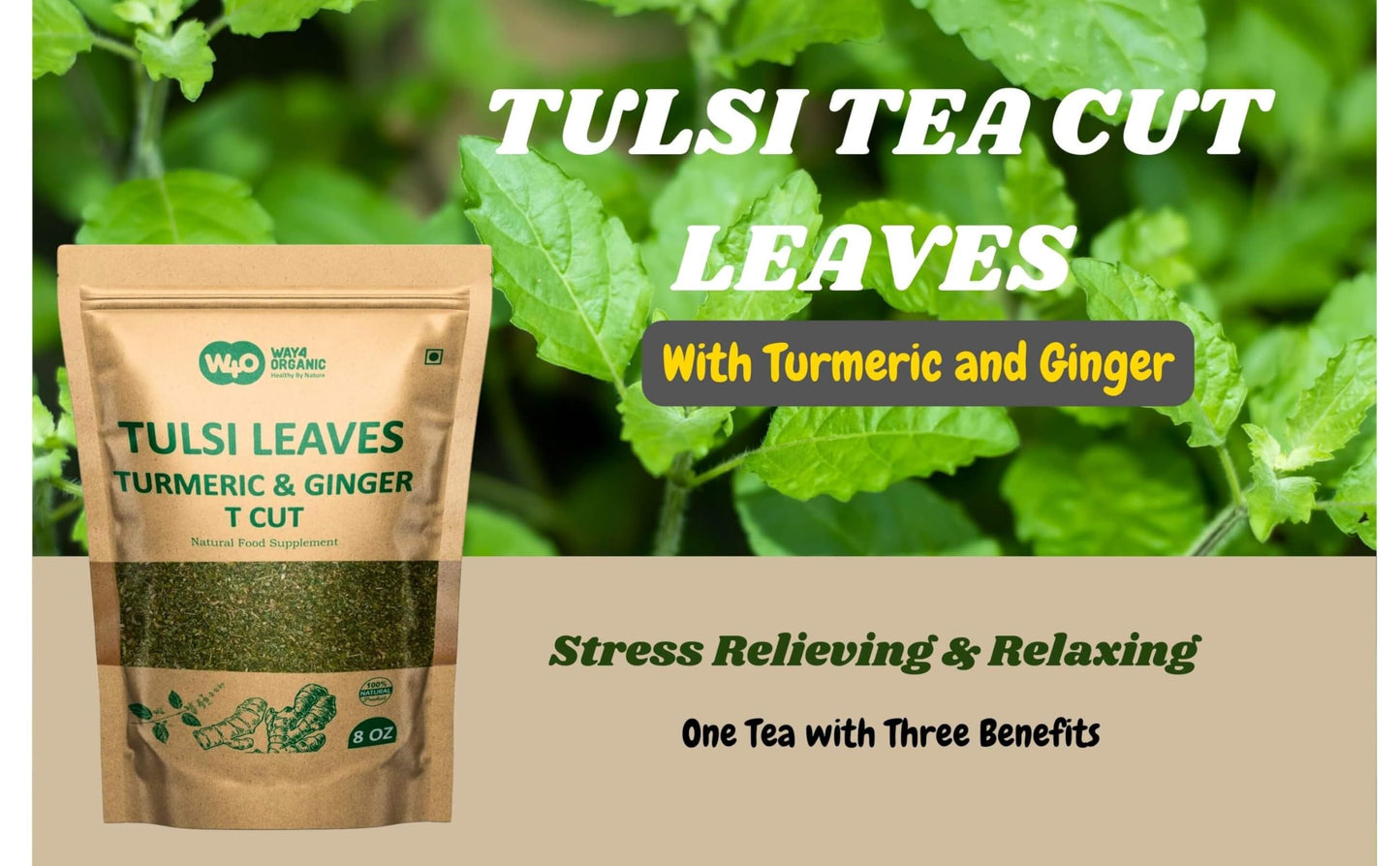 Holy Basil Tea, 8 Oz with Ginger and Turmeric, Tulsi Krishna Cut & Sifted Herbal Tea, Dried Pure Holy Basil Tulsi Leaves, Immune support with Multiple