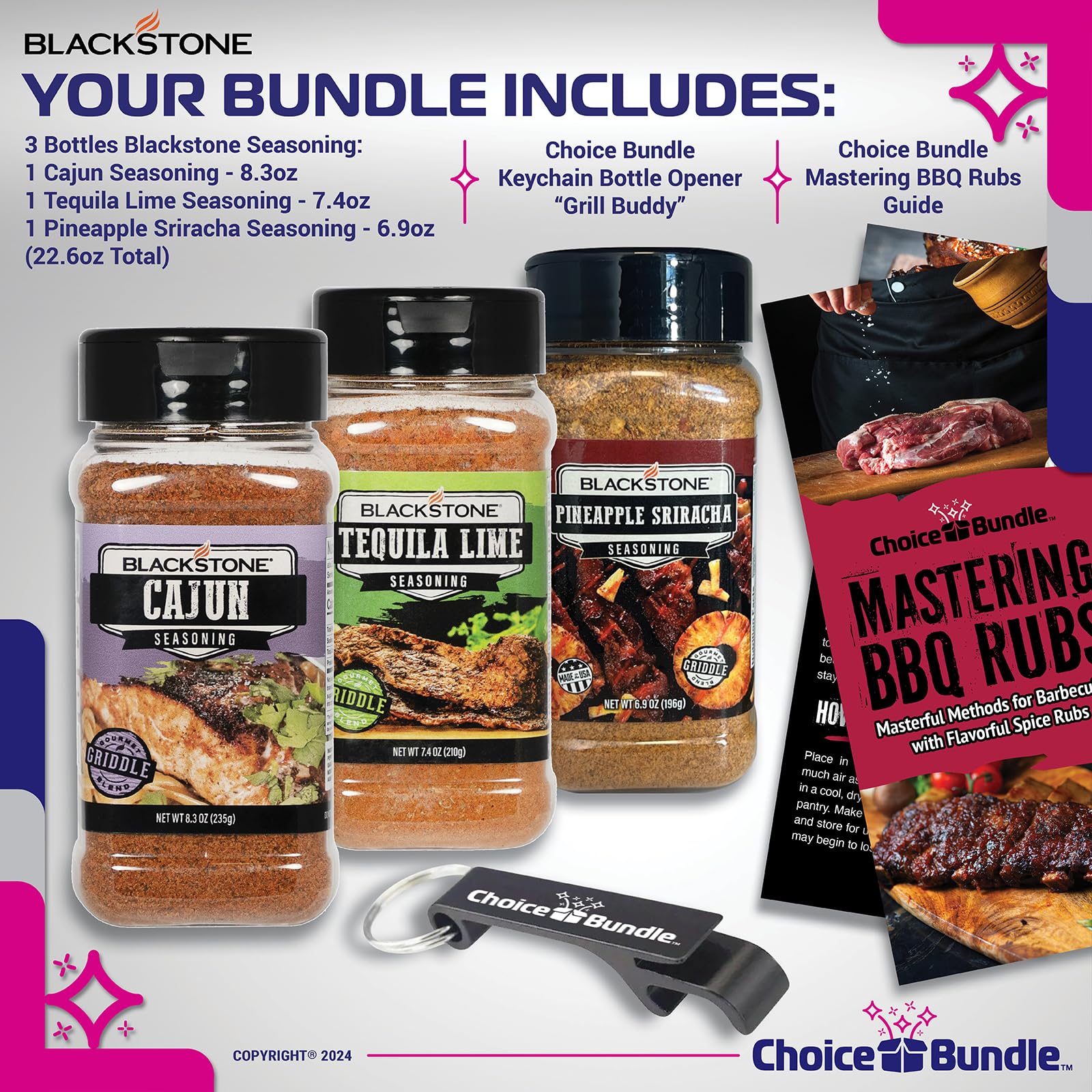 Blackstone Cajun, Pineapple Sriracha, Tequila Lime Seasoning - Gourmet Griddle Premium BBQ Barbecue Rub 3 Pk Choice Bundle (22.6 oz) + BBQ Guide