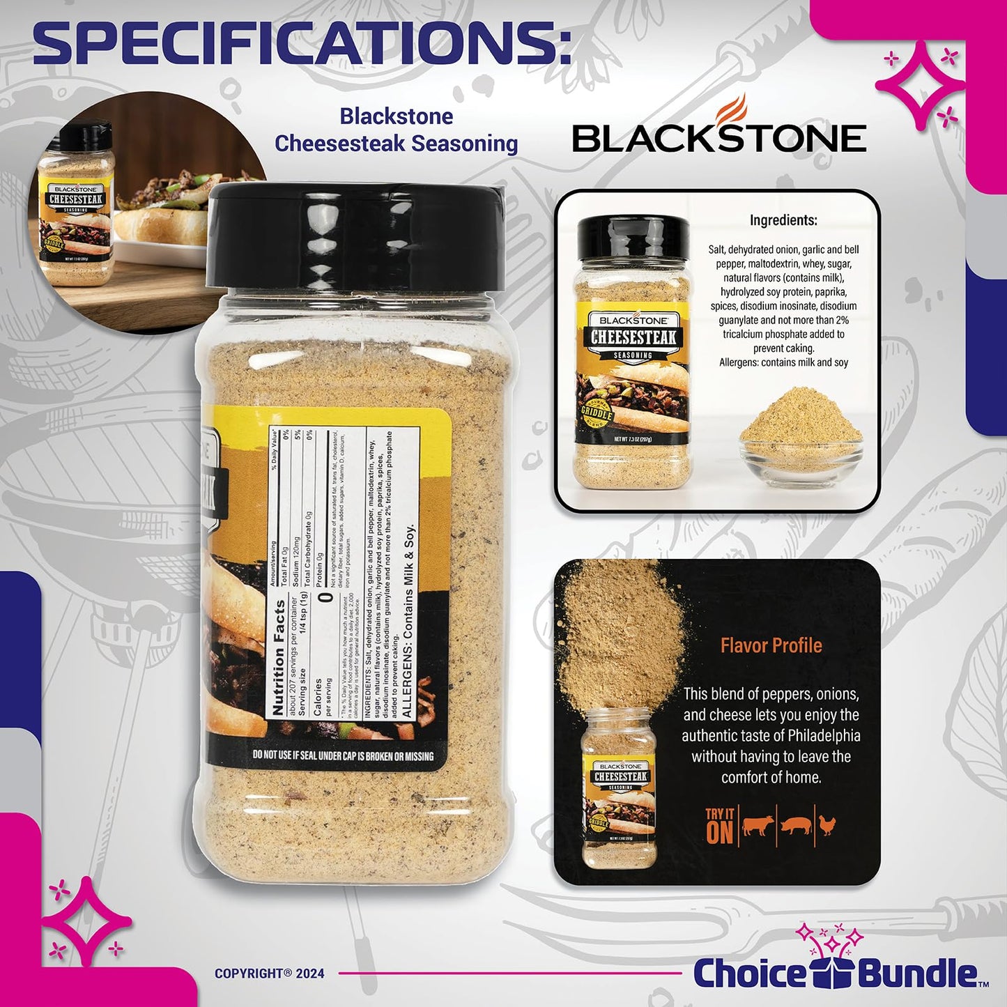 Blackstone Cheesesteak Seasoning - Gourmet Griddle Premium BBQ Barbecue Rub 4 Pk Choice Bundle (29.2 oz) + Guide & Opener (6 Items)!