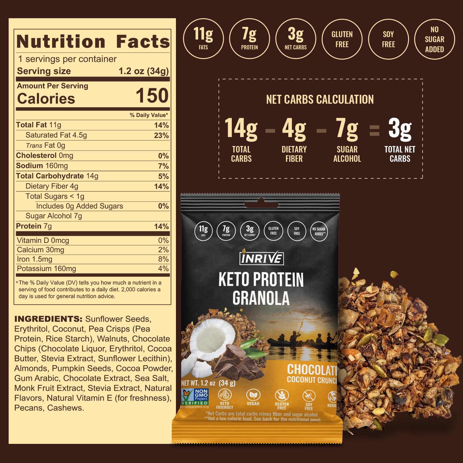 Inrive High Protein Chocolate Coconut Crunch Gluten Free Granola, Keto, Soy-Free, Kosher, No Added Sugar, Vegan, Non-GMO, 1.2 oz Snack Size, 12 Pack