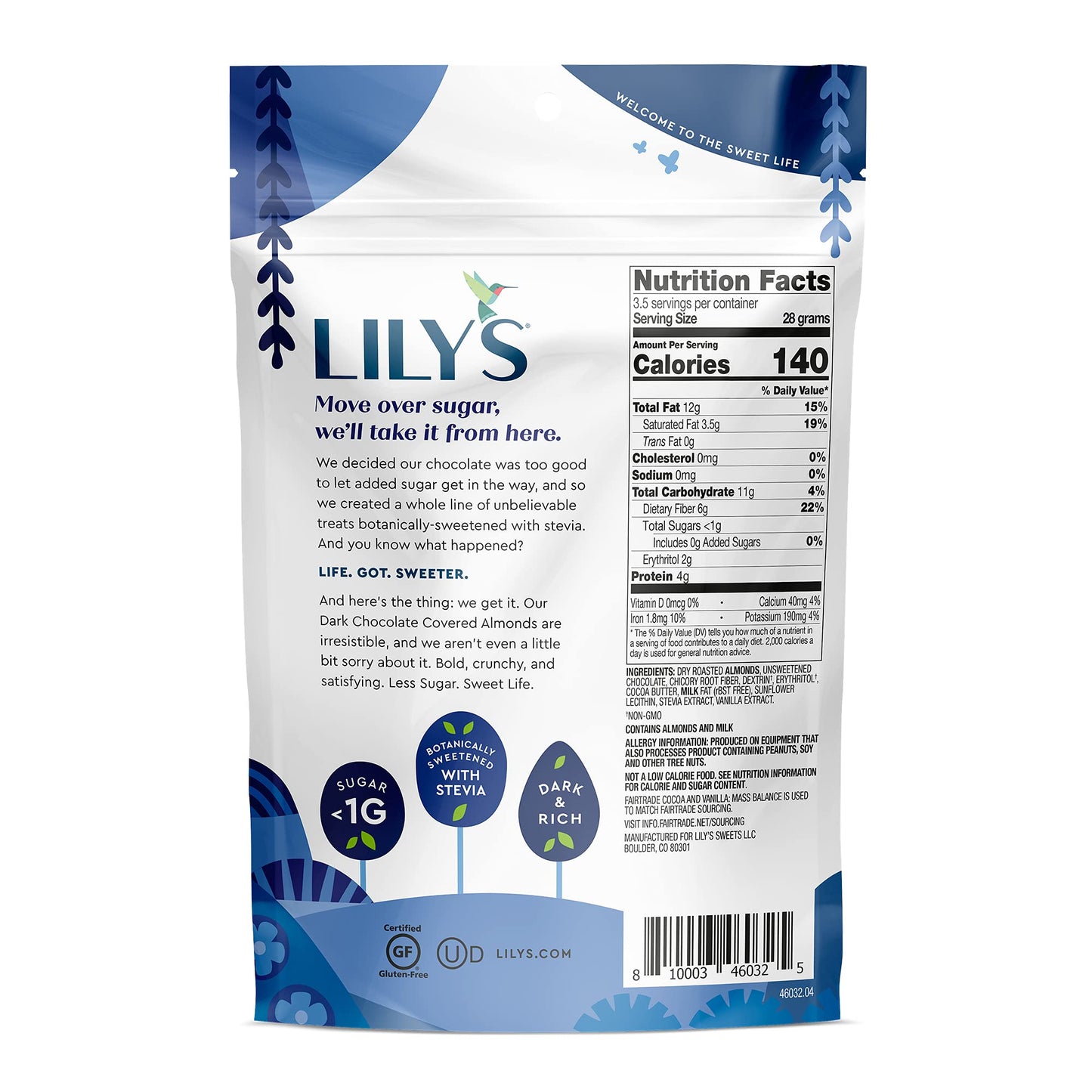 Dark Chocolate Covered Almonds by Lily's Sweets, Made with Stevia, No Added Sugar, Low-Carb, Keto-Friendly Christmas Candy | Fair Trade, Gluten-Free