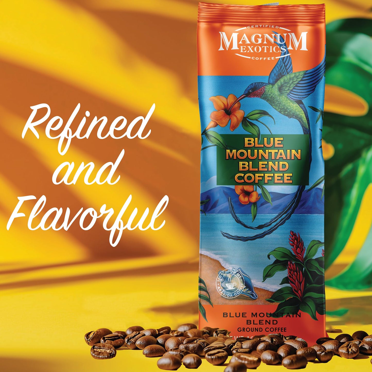 Magnum Exotics, Blue Mountain Coffee Blend - Medium-Light Roast Ground Coffee, Made from 100% Arabica Beans, Rich & Smooth Flavor, Fresh Roast - Blue