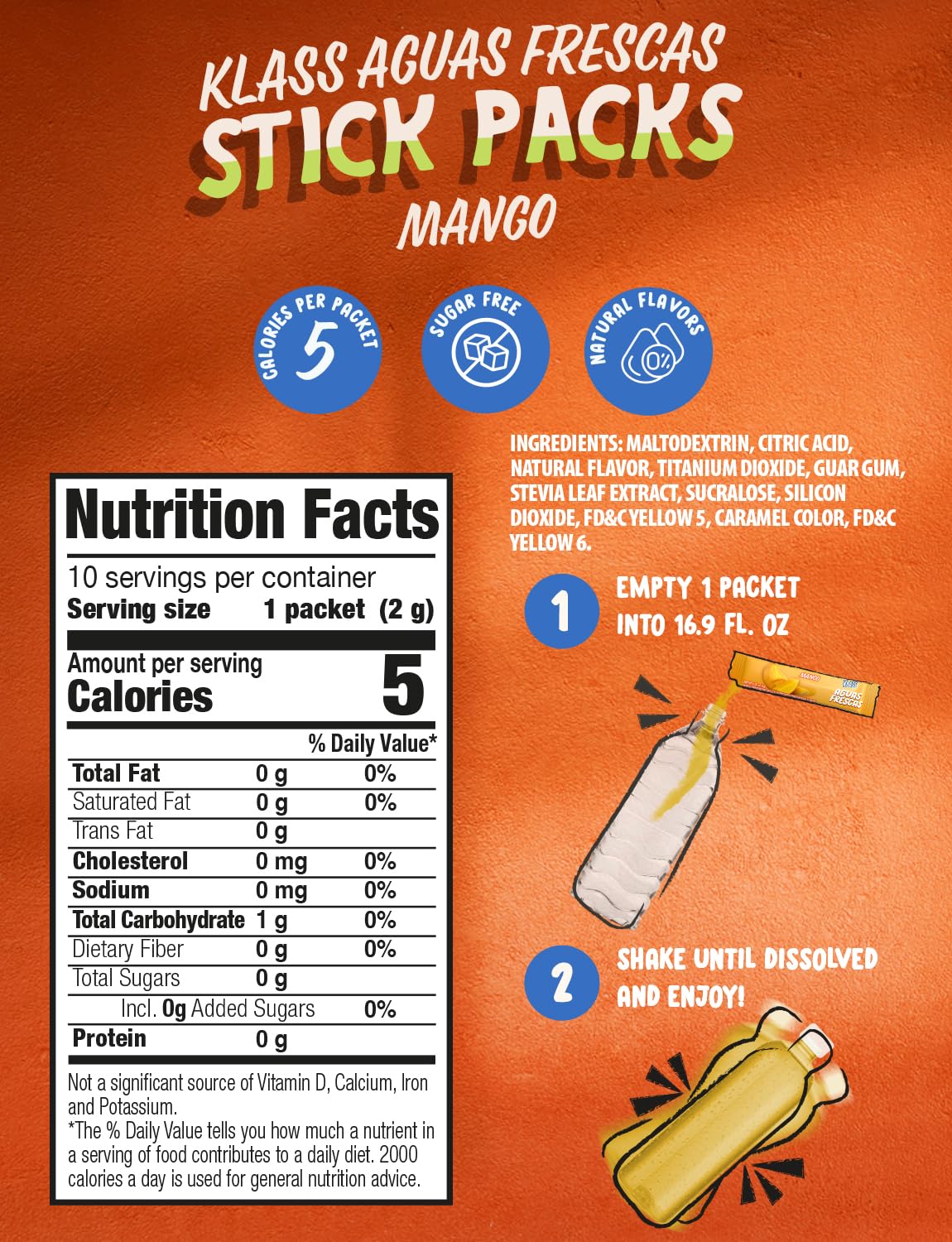 Klass Aguas Frescas, Powdered Drink Mix, 40 Singles Zero Sugar & Caffeine-Free Powder Packets, Water Drink Mix, Flavor: Mango - 5 Calories Per Packet