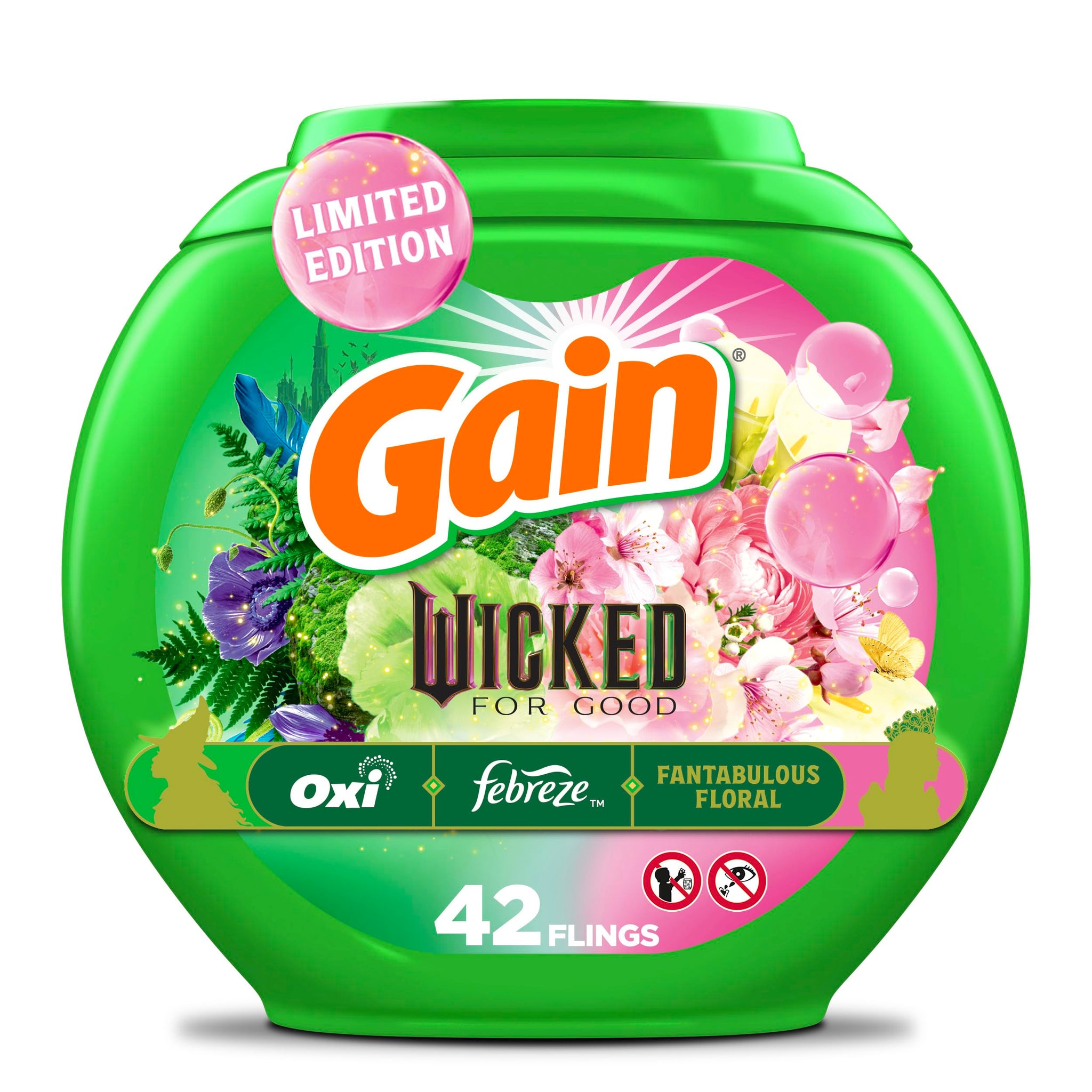 Gain Flings! "Wicked: For Good" Limited Edition Laundry Detergent Pacs, 42 Count, Fantabulous Floral Scent, 3 in 1 HE Detergent Pacs with Oxi Boost