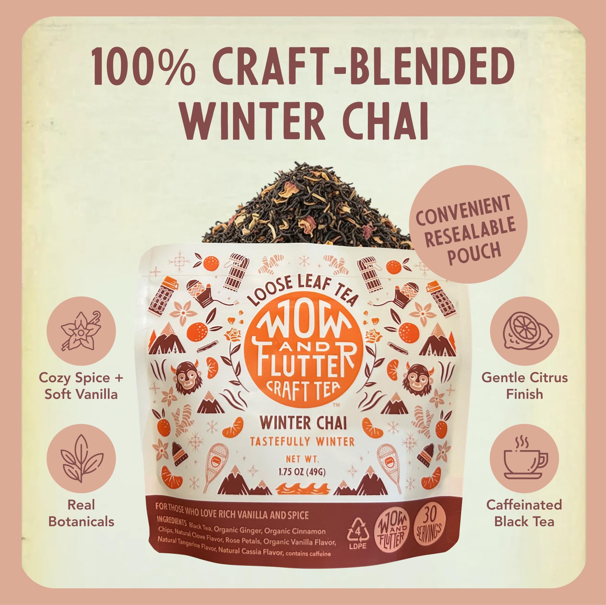 Wow and Flutter Winter Chai Loose Leaf Black Tea | Caffeinated Spiced Blend with Ginger, Cinnamon, Cloves, Vanilla & Rose | Bright Citrus Finish, Cozy