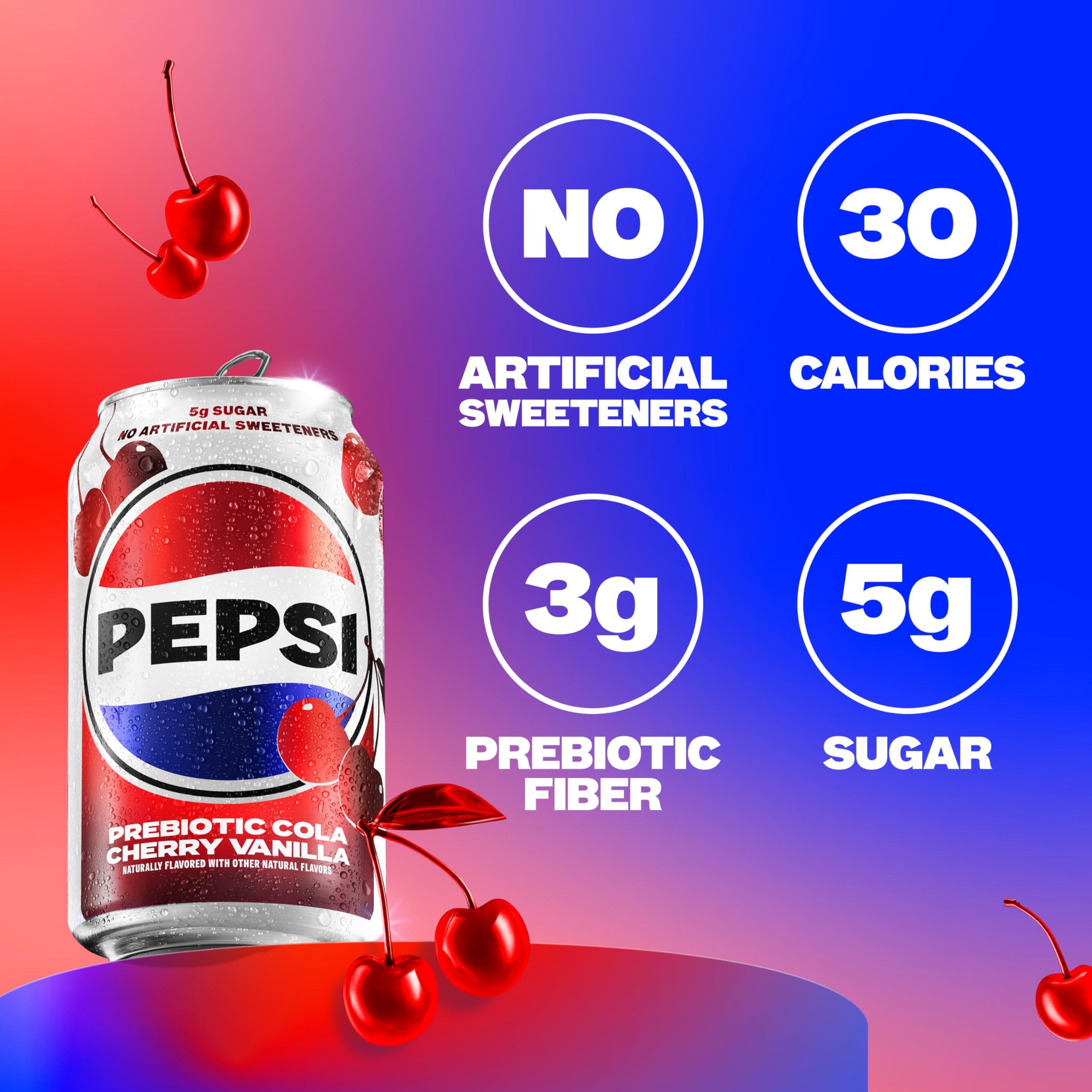Pepsi Prebiotic Cola, Cherry Vanilla, 12 fl oz Cans (8 Pack), 30 Calories, 5g Prebiotic Fiber, 5g Sugar, Soda Pop Cola