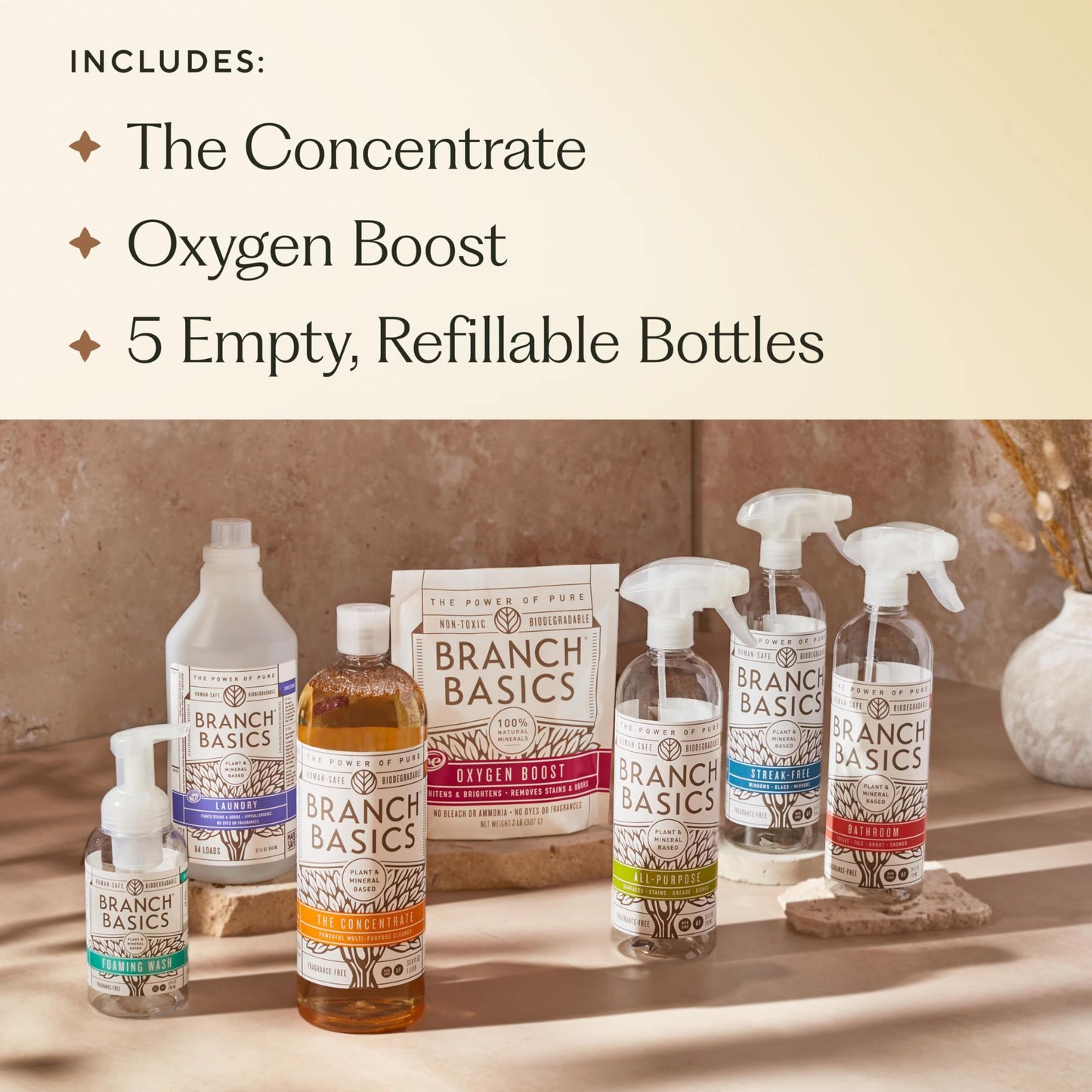 Branch Basics Premium Starter Kit: All Purpose Cleaner, Glass, and Bathroom Cleaner plus our Foaming Wash, and Laundry Bottle (3 Plastic Spray Bottles