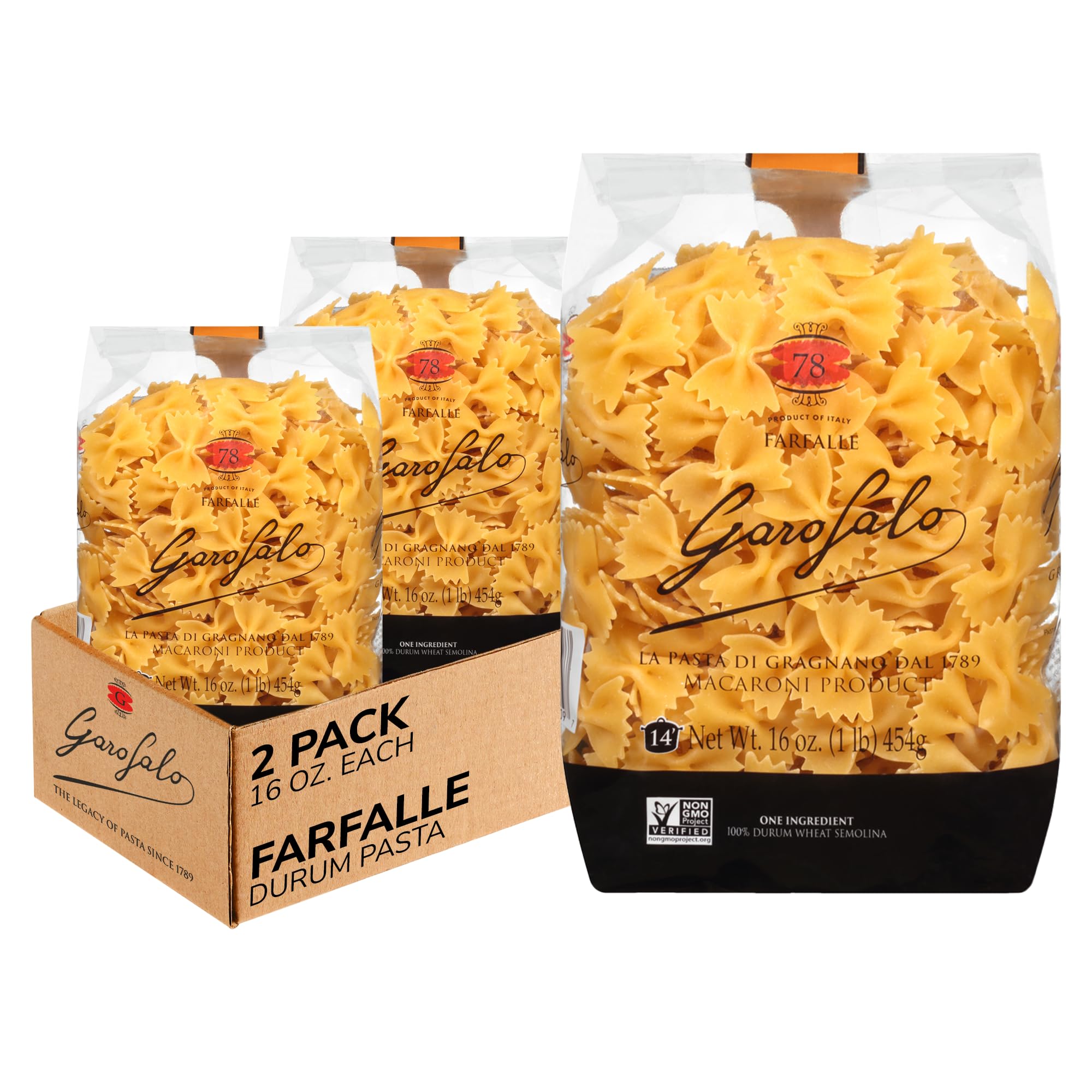 Garofalo - Premium Durum Wheat Semolina Farfalle Pasta, Italian Made, Bronze-Drawn, Al-Dente, One-Ingredient Pasta (2 pack)