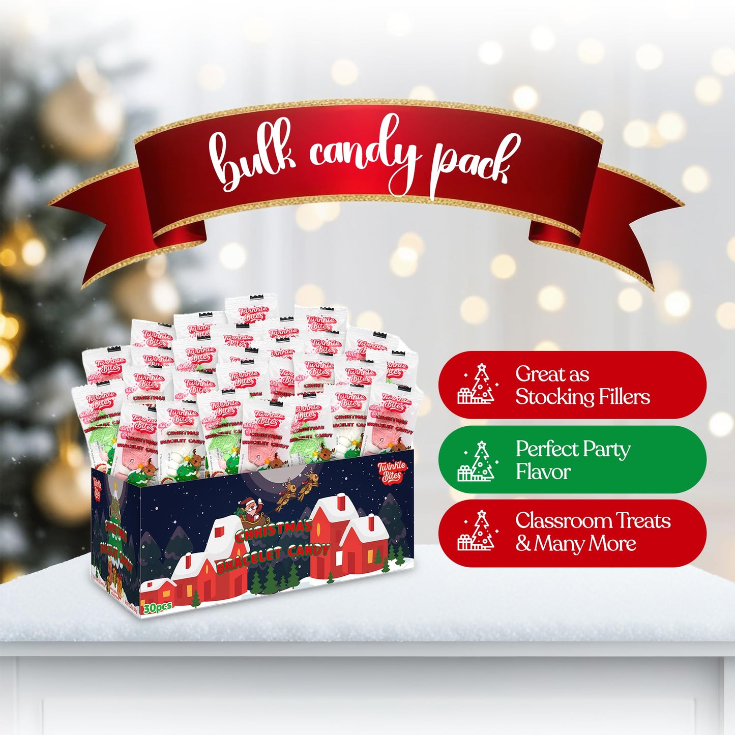 30 Pack Christmas Candy Bracelets - Individually Wrapped Holiday Themed Designs & Delicious Flavor -Bulk Christmas Candy Use For Stocking Stuffers