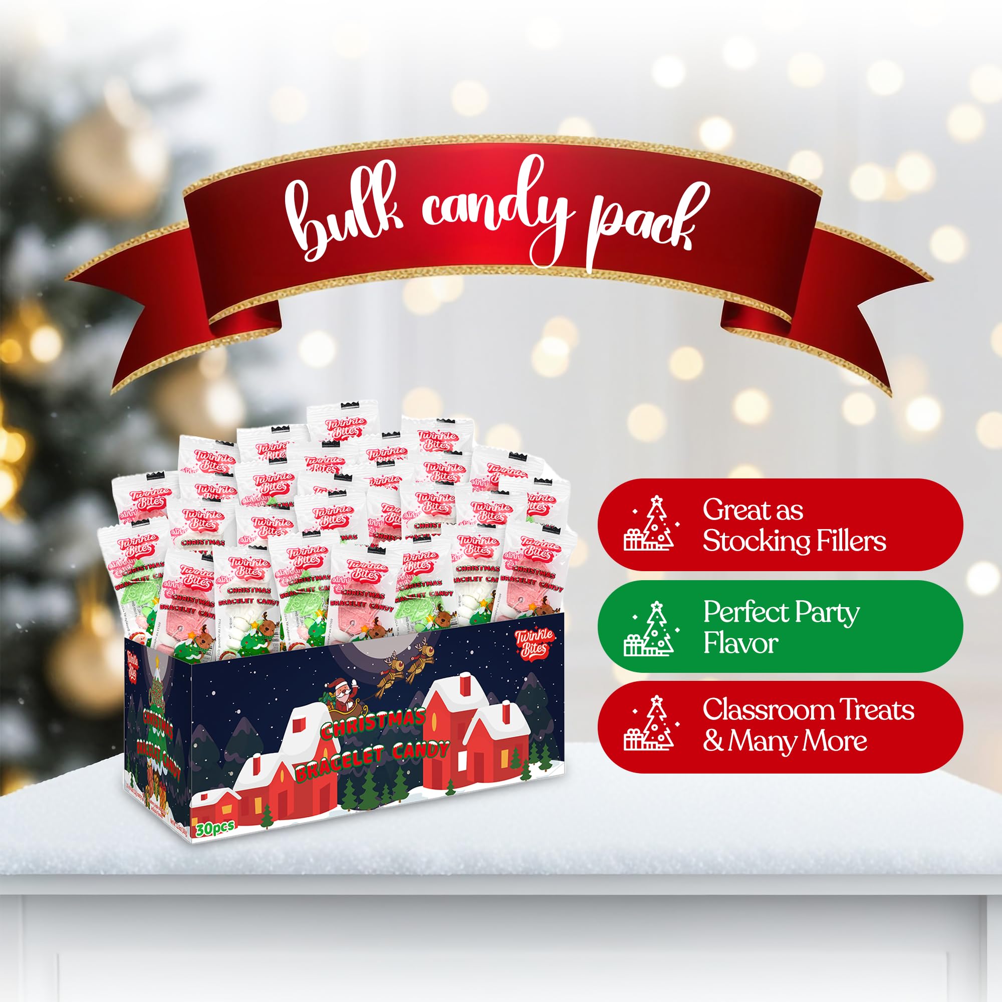 30 Pack Christmas Candy Bracelets - Individually Wrapped Holiday Themed Designs & Delicious Flavor -Bulk Christmas Candy Use For Stocking Stuffers
