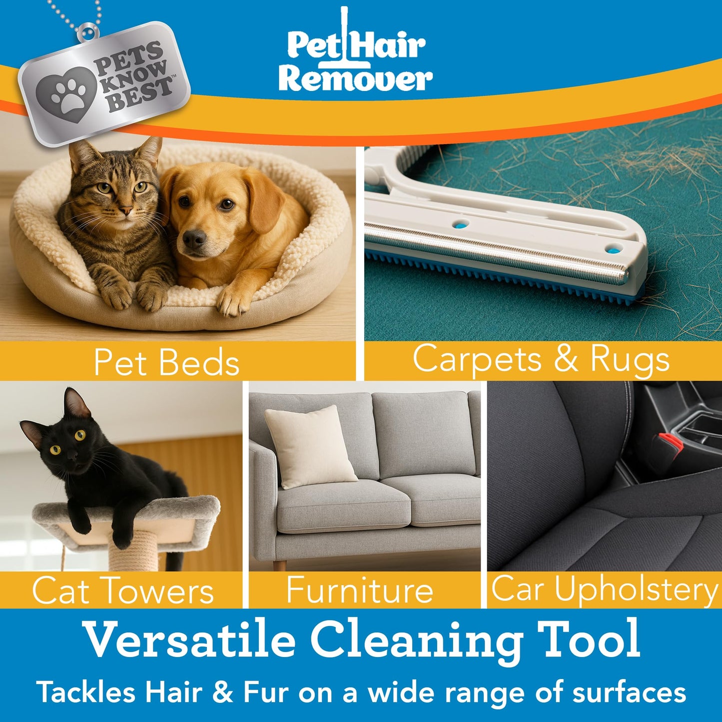 Pets Know Best Pet Hair Remover Cleaning Tool | Dual-Sided Multi-Purpose Carpet Scraper and Rug Rake for Fur Removal in Homes, Car Interiors & on
