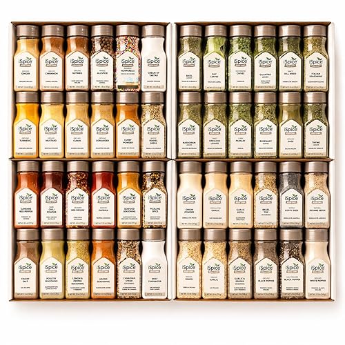 iSpice 48-Pack Starter Spice Set - Essential Herbs, Spices & Seasonings for Cooking - Kitchen Gift Set for Home Cooks - All-Natural, Kosher, Non-GMO