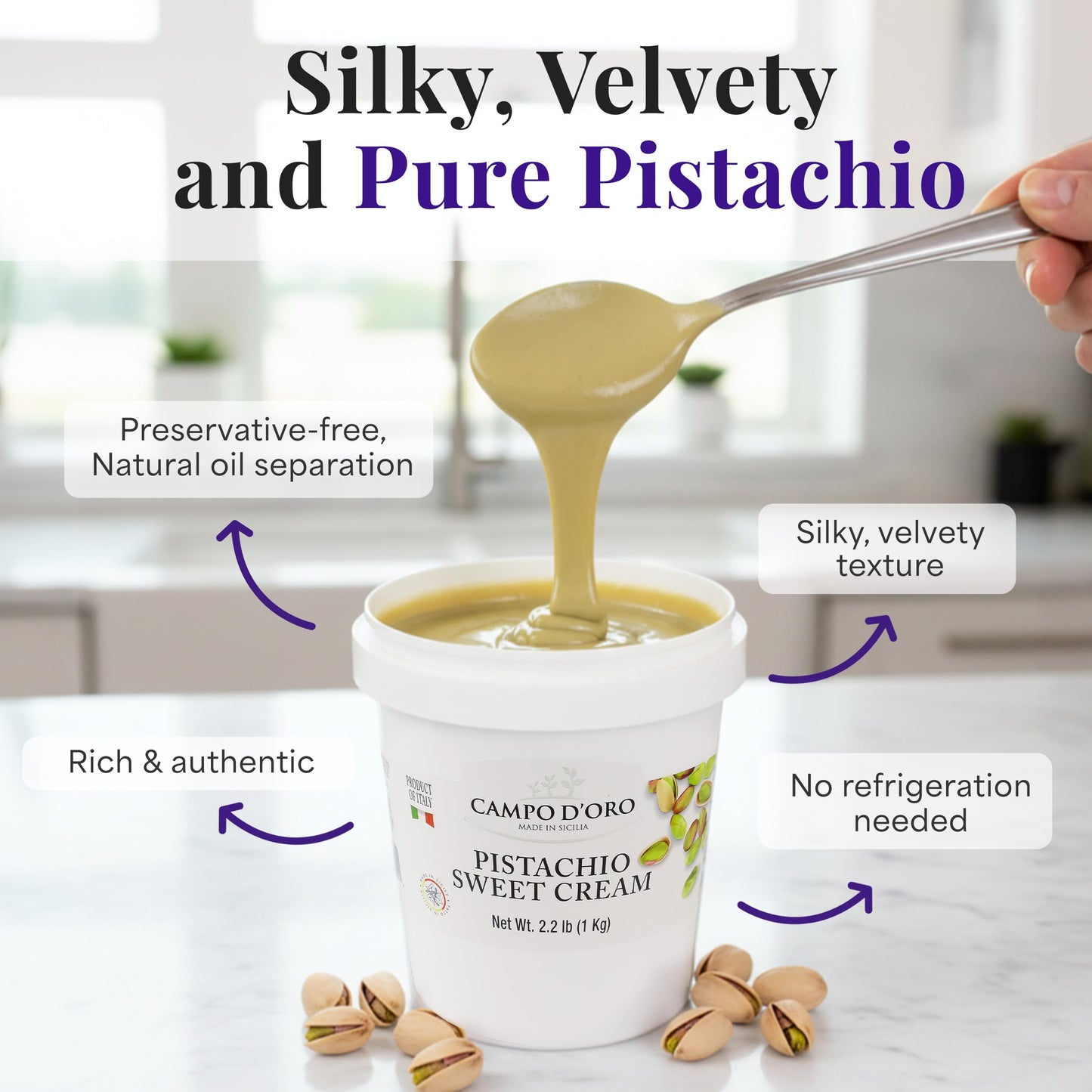 CAMPO D'ORO Sicilian Pistachio Sweet Cream Spread, 22% Pistachios, Rich and Nutty Butter, 2.2 lbs (1 kg), Product of Sicily Italy