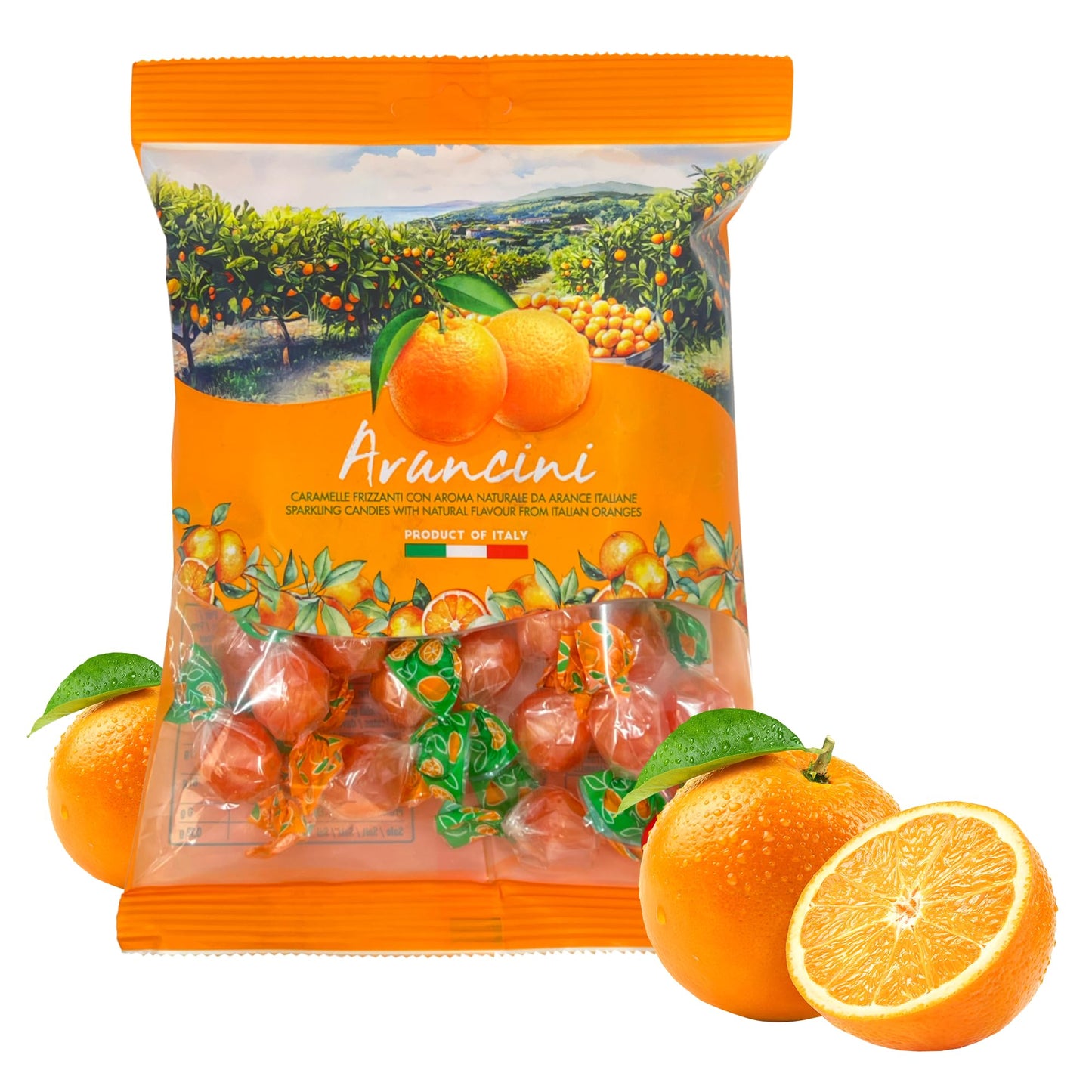 Sanniti Arancini Sparkling Candy, 6.17 oz (175g) Fizzy Orange Hard Candy with Natural Flavor from Italian Oranges, Product of Italy