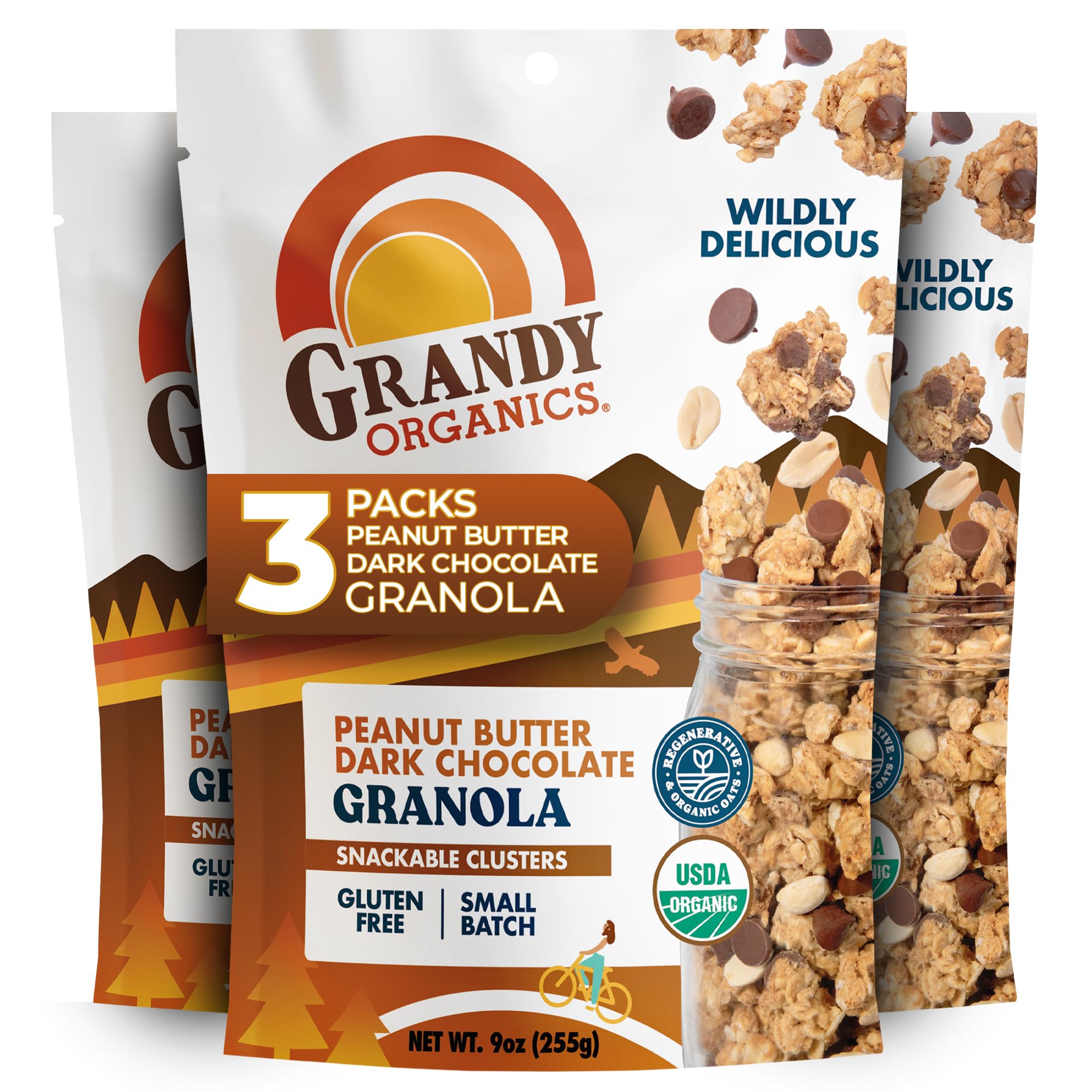 Grandy Organics Peanut Butter Dark Chocolate Granola Clusters - Certified Organic & Gluten Free - 6g Protein - Non GMO & Vegan - Peanuts, Chocolate