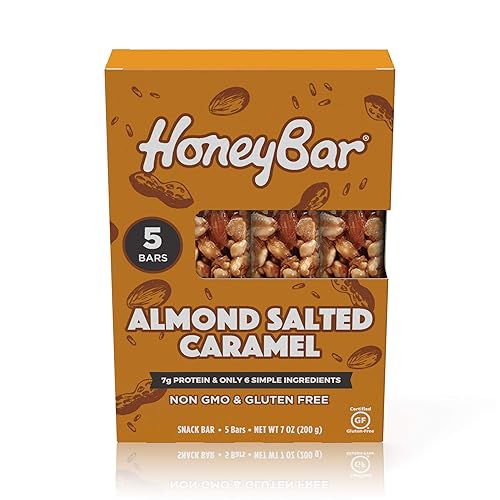 HoneyBar Snack Bar | Certified Gluten Free | Non-GMO | Vegetarian (Almond Salted Caramel, Pack of 5 Bars)