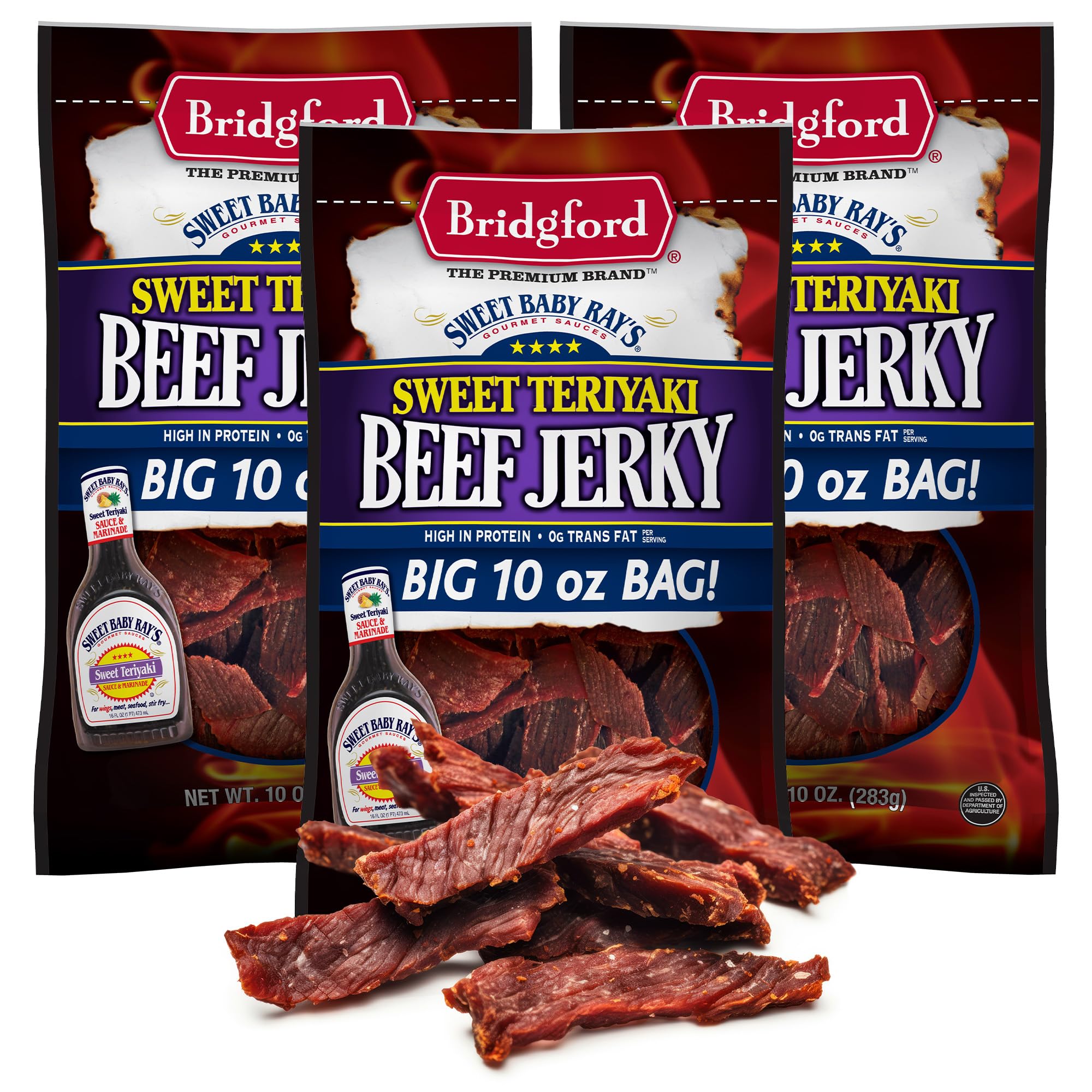 Bridgford Sweet Baby Ray's Beef Jerky Sweet Teriyaki 10 oz Pack of 3 - High Protein Beef Jerky for Low Carb and High Protein Diets - Ready-to-Eat