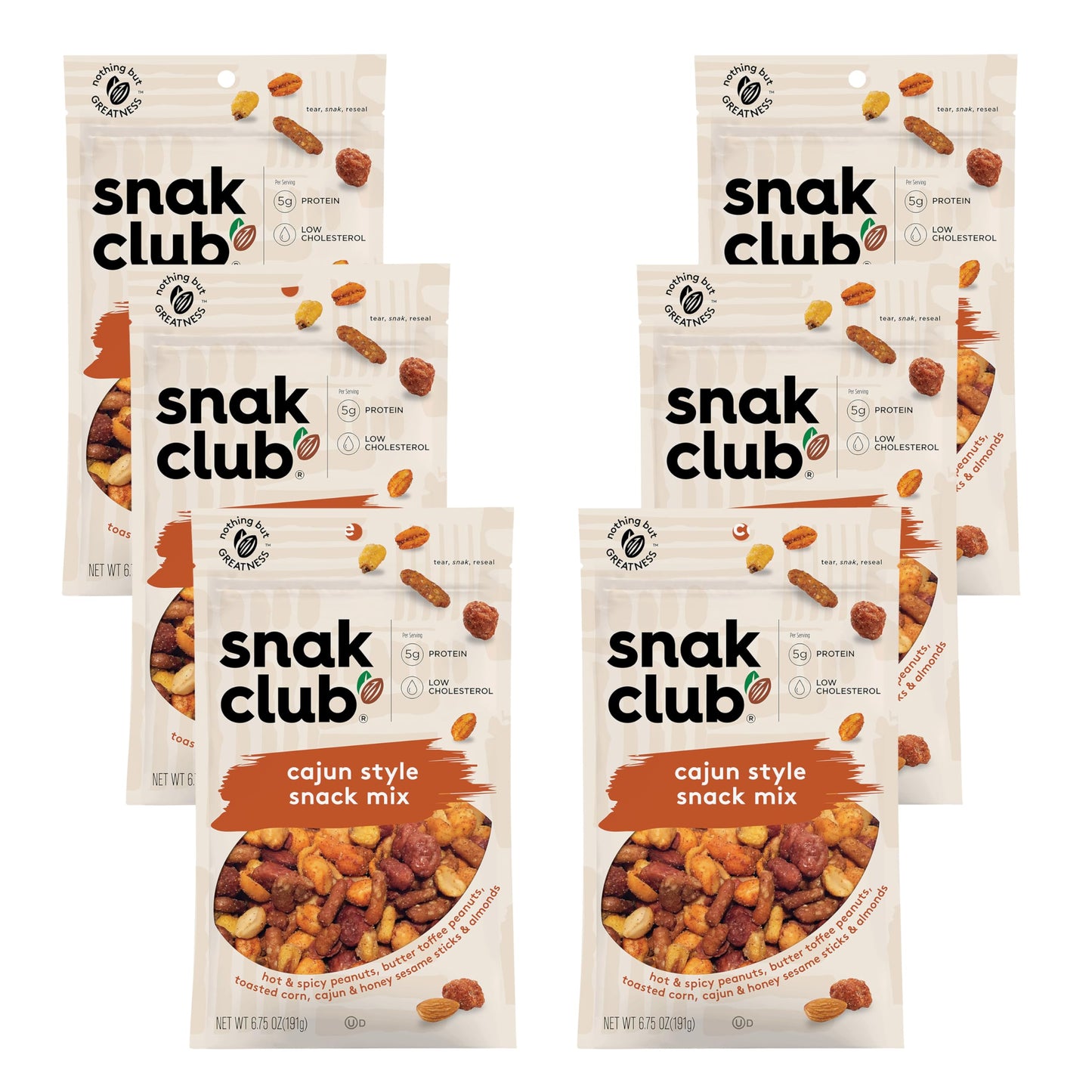 Snak Club Cajun Style Snack Mix with Hot and Spicy Peanuts, Butter Toffee Peanuts, Toasted Corn, Cajun and Honey Sesame Sticks, and Almonds, Kosher