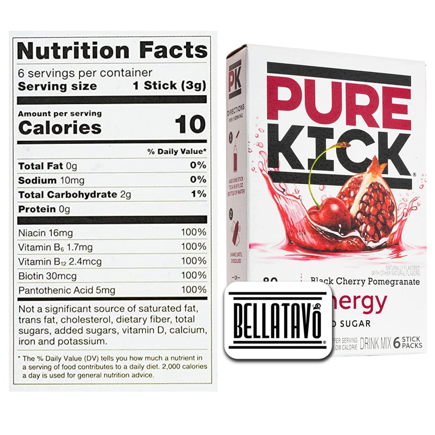 Energy Drink Mix Bundle. Includes Six Boxes of Pure Kick Energy Drink Mix of Black Cherry Pomegranate Flavor. Comes with a BELLATAVO Fridge Magnet!