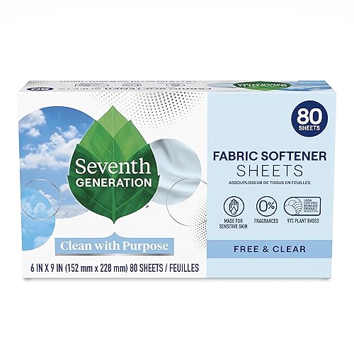 Seventh Generation Dryer Sheets Laundry Fabric Softener, Free & Clear Made for Sensitive Skin, 80 Sheets