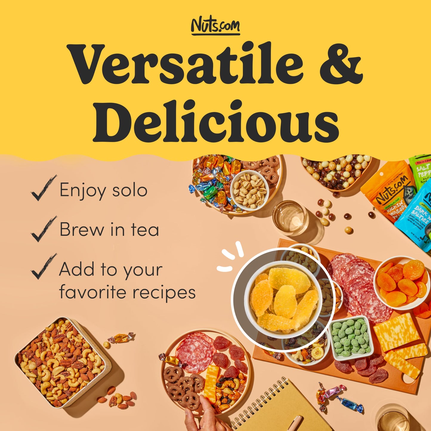 Nuts com Crystallized Ginger Pieces - Premium Crystallized Ginger Slices - Spicy & Sweet Candied Ginger Pieces - Dried Ginger Chunks, Root - Digestive
