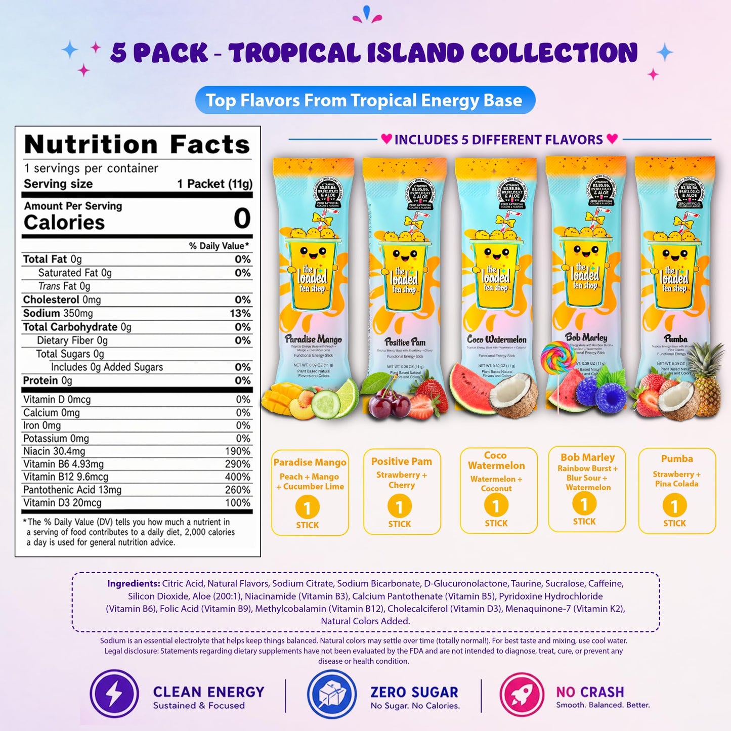 The Loaded Tea Shop Energy Drink Mix Sticks, Tropical Island Collection 5 Pack, Sugar-Free, Zero Calories, 200mg Natural Caffeine, No Artificial