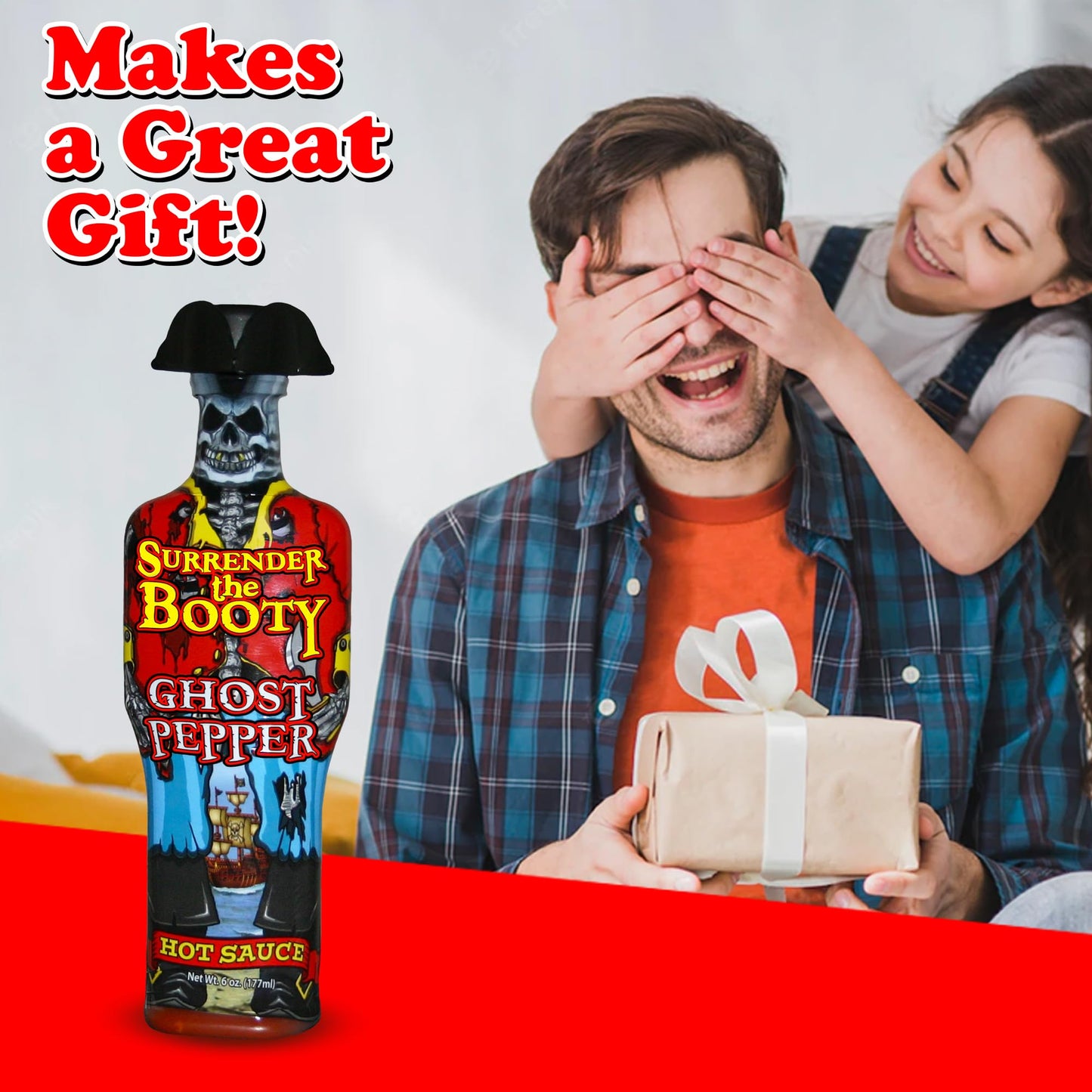 Surrender the Booty Ghost Pepper Hot Sauce - Bhut Jolokia Extreme Gourmet Heat - Premium Novelty Pirate Gift Bottle - Hot Sauce Challenge - 5oz
