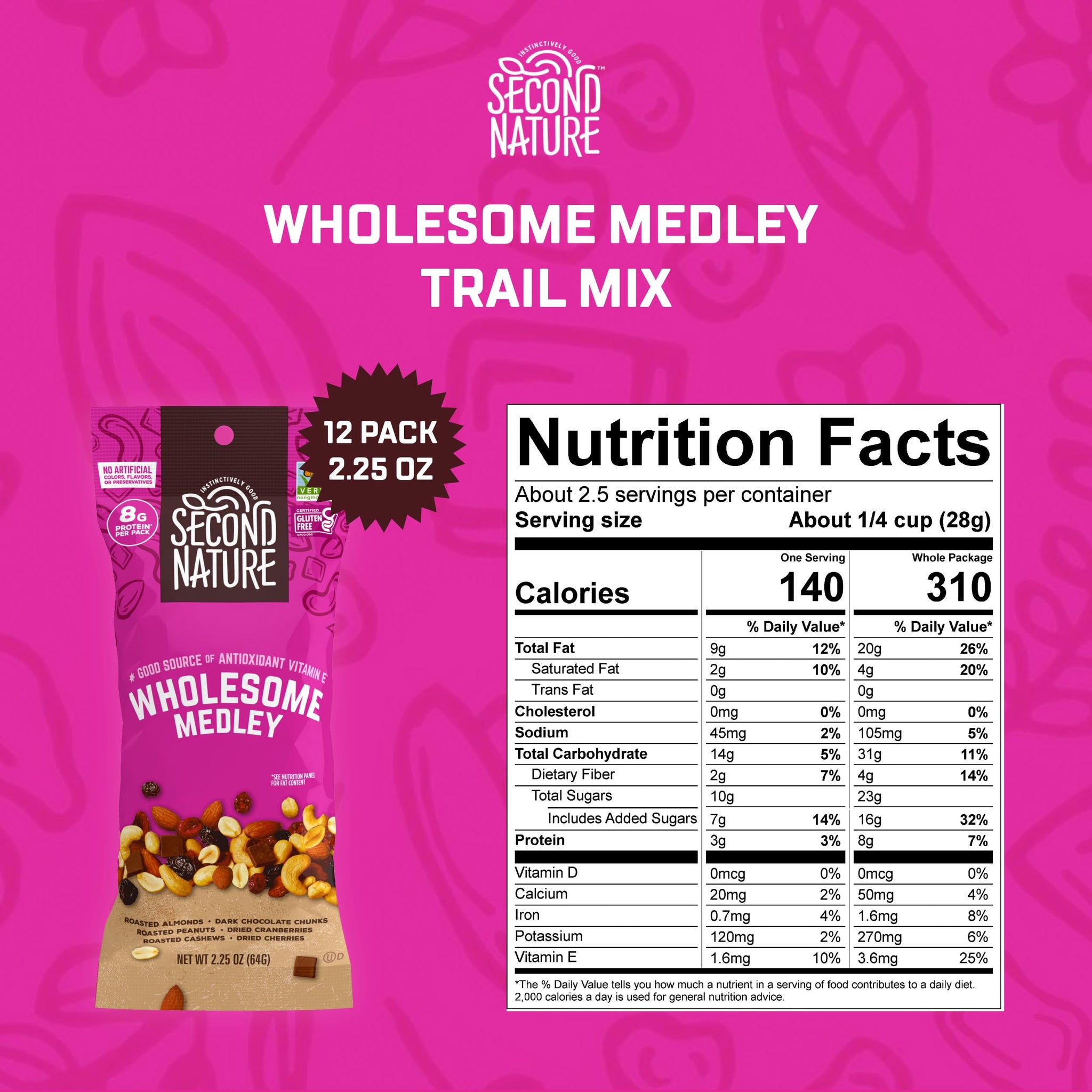 Second Nature Wholesome Medley Trail Mix - 12 Count, 2.25 oz Individual Snack Packs, Certified Gluten-Free - Dark Chocolate, Dried Fruit and Nut Trail