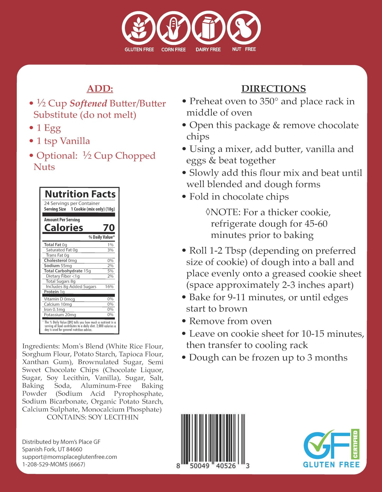 Mom's Place Gluten-Free Chocolate Chip Cookie Mix, Dessert Baking, Easy to Make, Nut, Dairy & Corn Free, 24 Servings, 17.4 oz