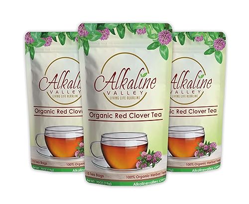 Organic Red Clover Tea - 100% Alkaline - 15 Unbleached/Chemical-Free Red Clover Tea Bags - Pack of 3 - Caffeine-Free, No GMO