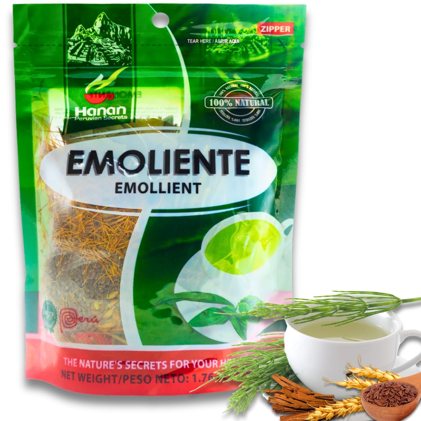 Hanan Emoliente Herbal Tea from Peru 1.8oz (50g) Loose Herbs Boldus (Boldo), Horsetail (Cola de Caballo), Cat's Claw (Una de Gato), Flaxseed (Linaza)