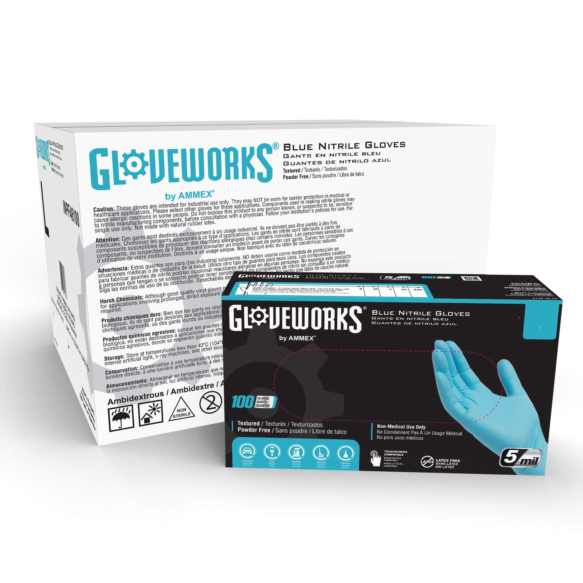 GLOVEWORKS Blue Disposable Nitrile Industrial Gloves, 5 Mil, Latex & Powder-Free, Food-Safe, Textured, Large, Case of 1000