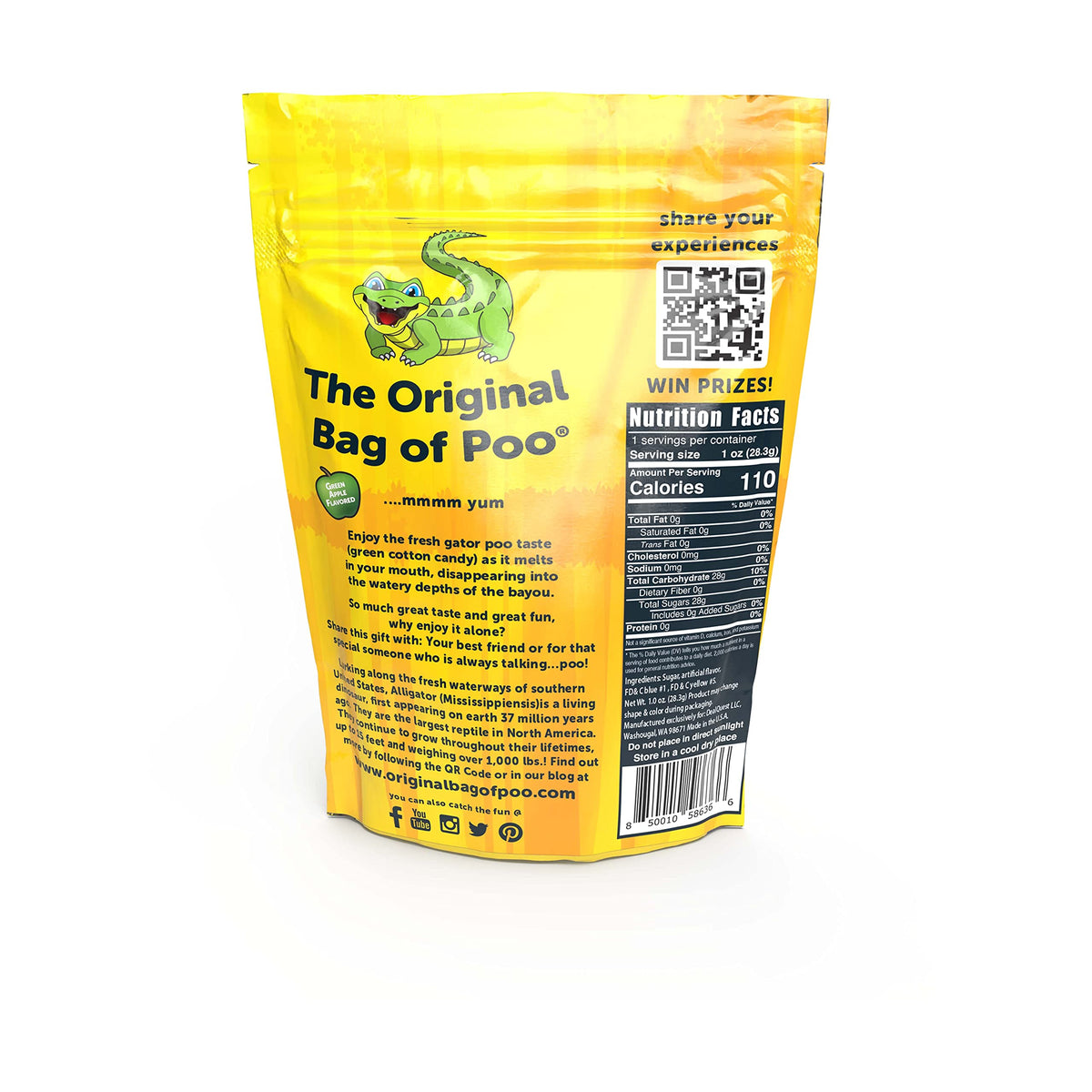 The Original Bag of Poo®, Alligator Poo (Green Apple Flavor Cotton Candy) Novelty Poop Gag Gift. Free sticker inside.