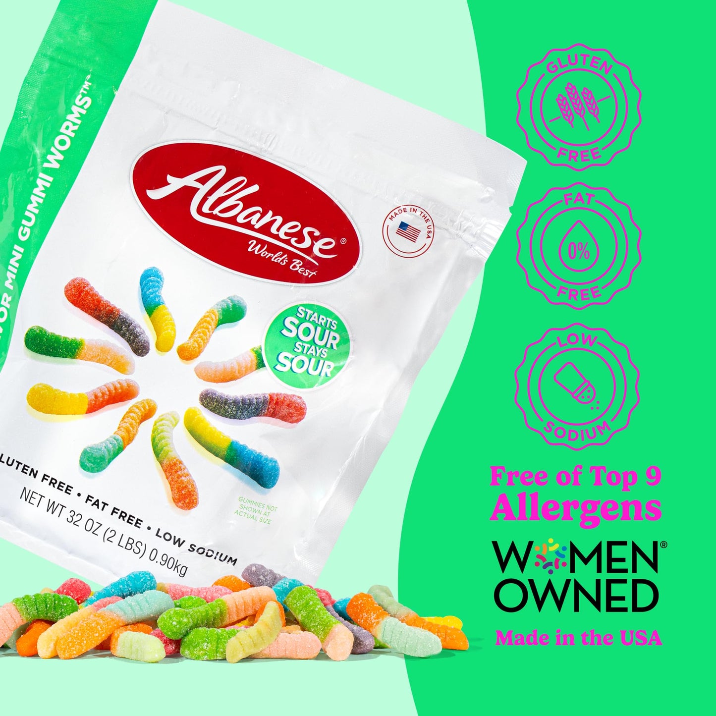 Albanese World's Best Sour 12 Flavor Mini Gummi Worms | 32oz Bag of Candy | 12 Unique Super Sour Flavors, Gluten Free, Fat Free, Soft and Chewy Gummy